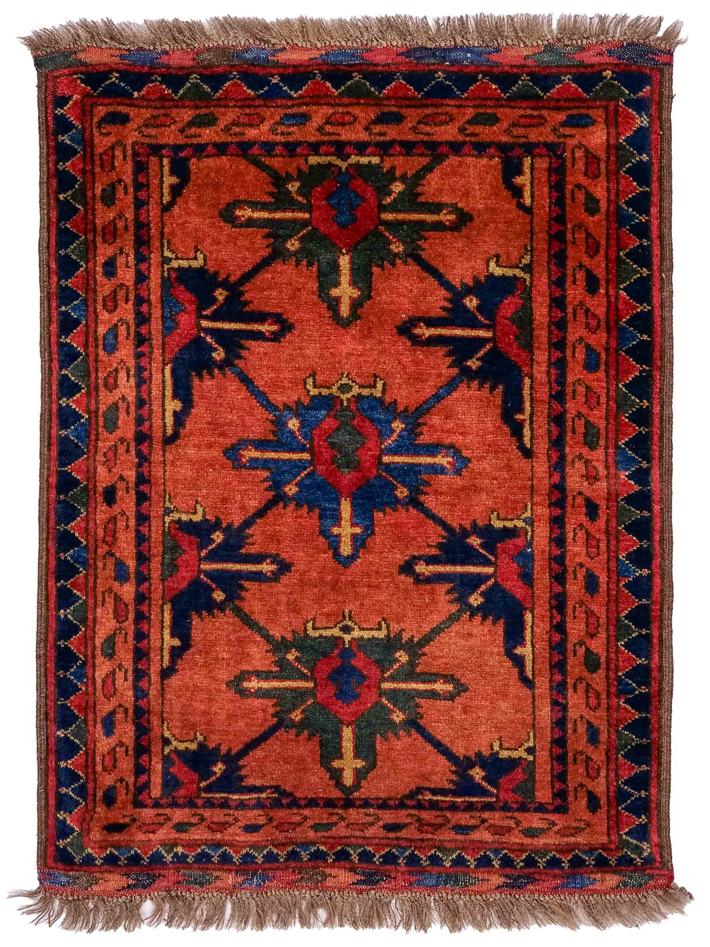 Antiker, handgeknüpfter, afghanischer Belutsch Nomadenteppich aus Wolle von Khademi. Größe: 91 x 65 cm. Farbe: Rot, orange, blau. Verkauf durch JUPITER Intl.