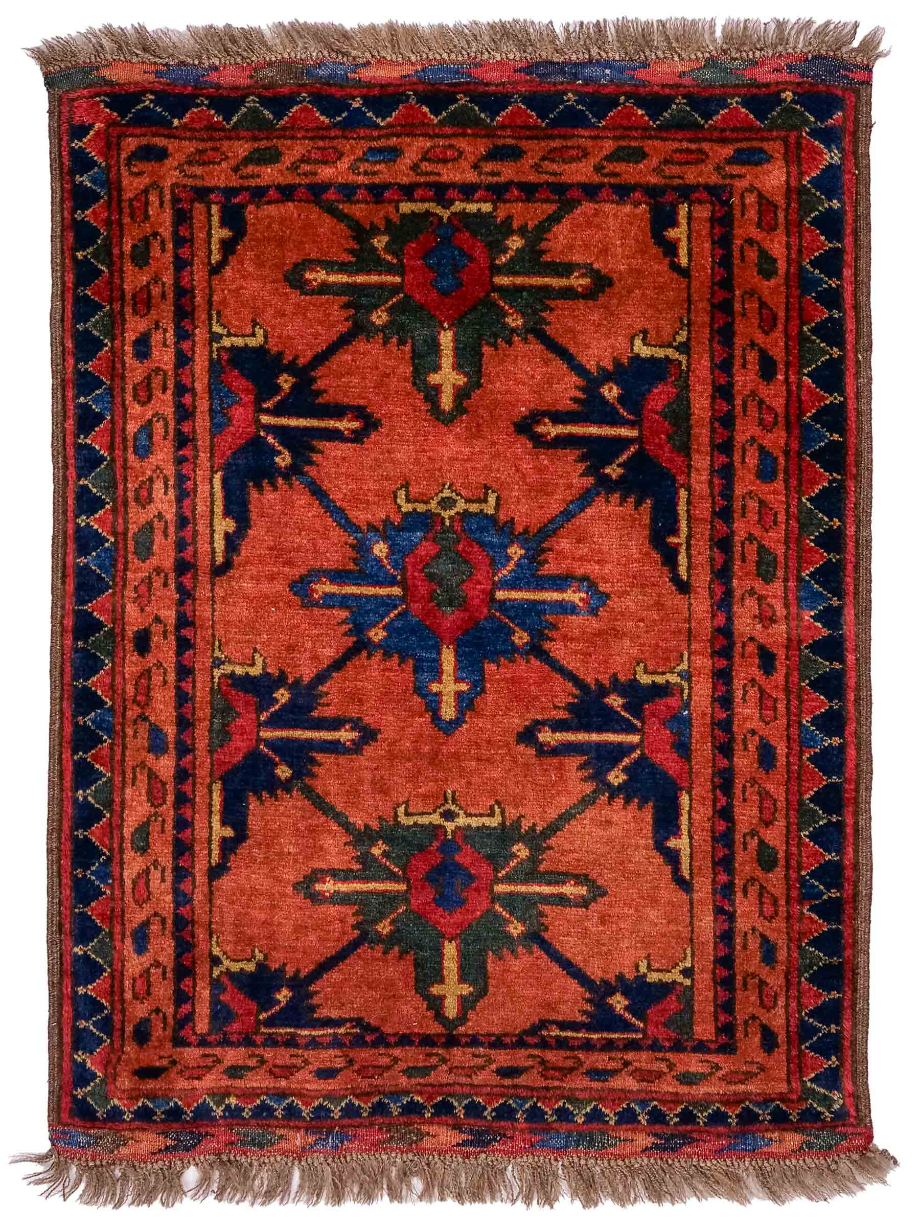 Antiker, handgeknüpfter, afghanischer Belutsch Nomadenteppich aus Wolle von Khademi. Größe: 91 x 65 cm. Farbe: Rot, orange, blau. Verkauf durch JUPITER Intl.