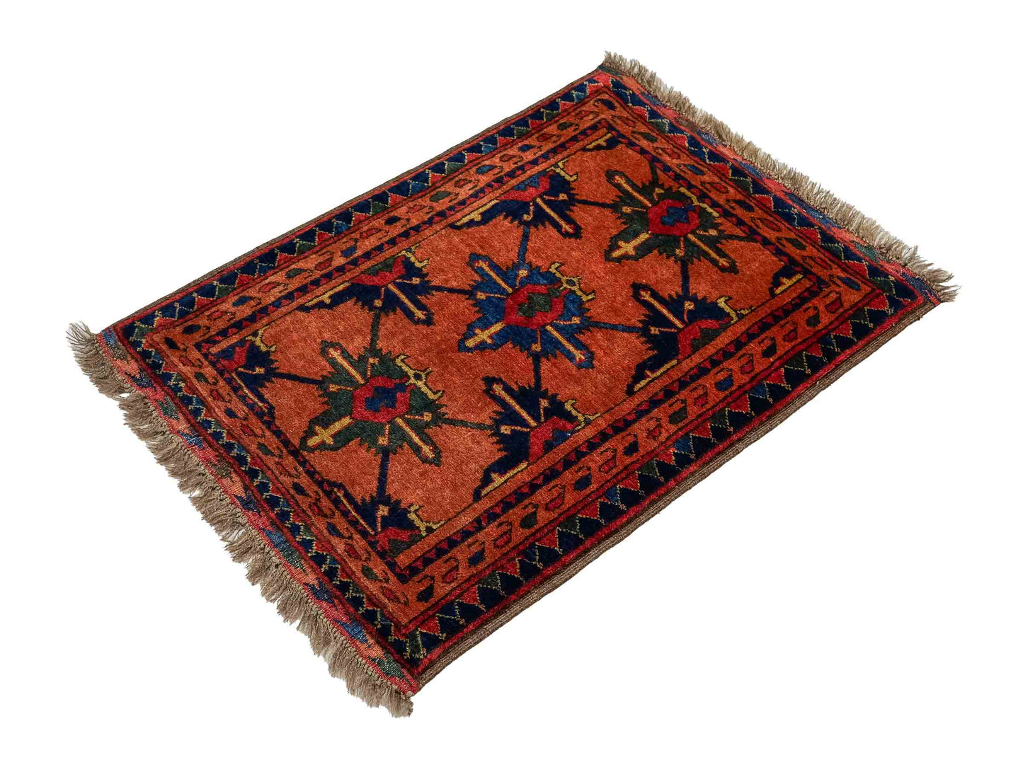 Antiker, handgeknüpfter, afghanischer Belutsch Nomadenteppich aus Wolle von Khademi. Größe: 91 x 65 cm. Farbe: Rot, orange, blau. Verkauf durch JUPITER Intl.