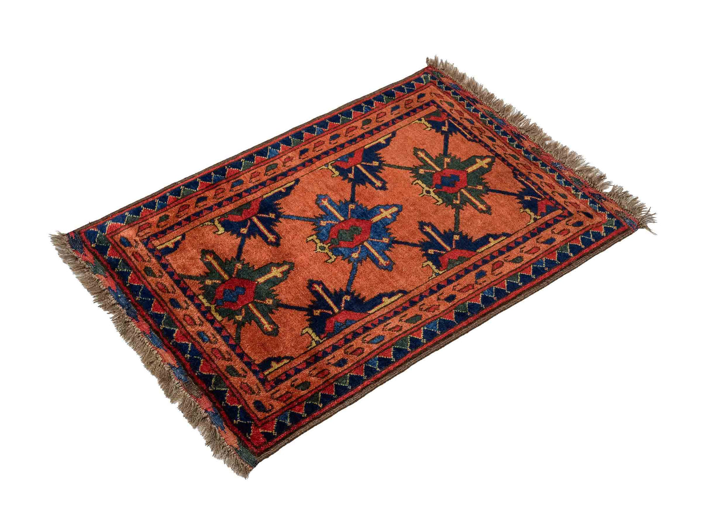 Antiker, handgeknüpfter, afghanischer Belutsch Nomadenteppich aus Wolle von Khademi. Größe: 91 x 65 cm. Farbe: Rot, orange, blau. Verkauf durch JUPITER Intl.