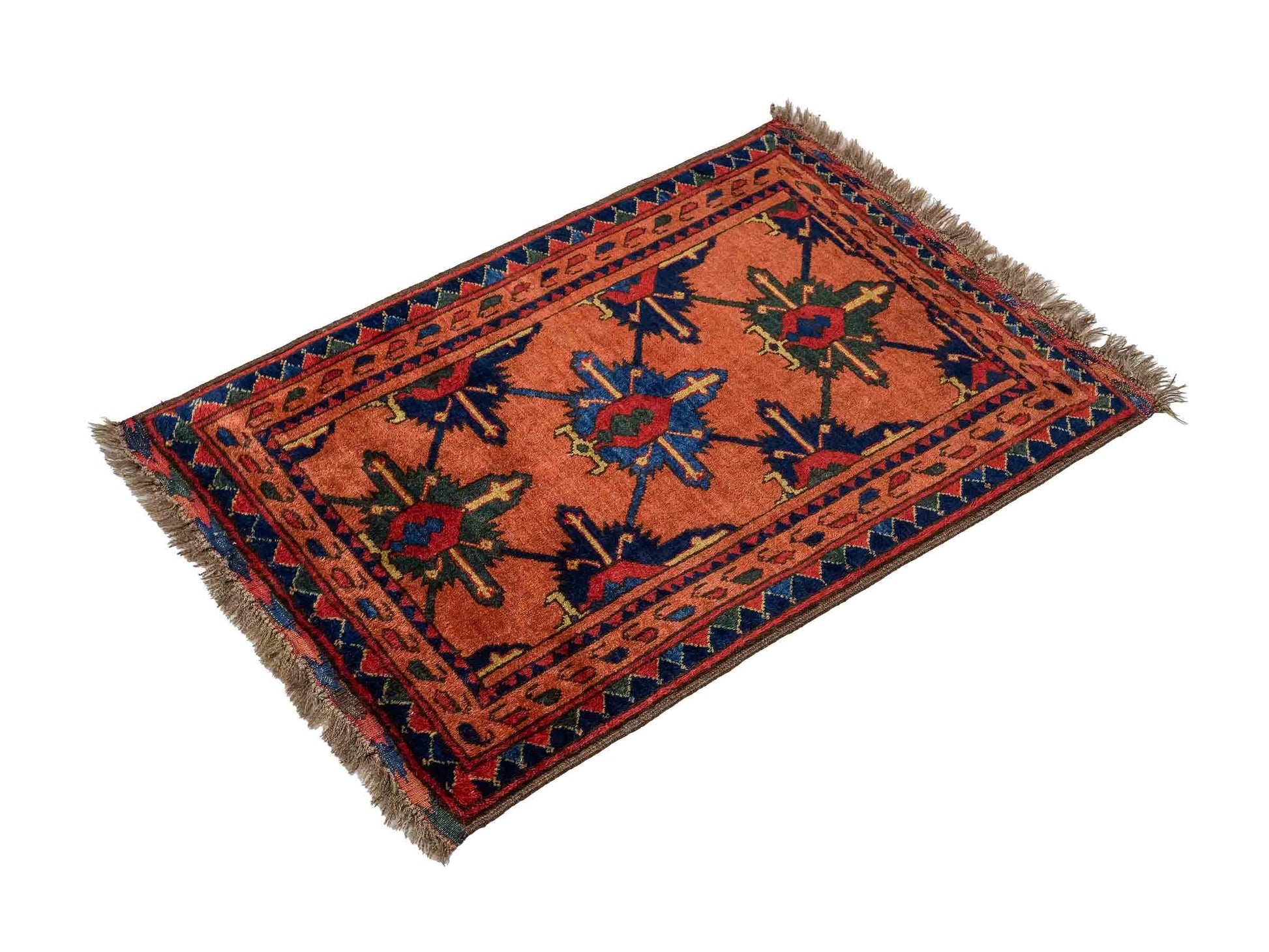 Antiker, handgeknüpfter, afghanischer Belutsch Nomadenteppich aus Wolle von Khademi. Größe: 91 x 65 cm. Farbe: Rot, orange, blau. Verkauf durch JUPITER Intl.
