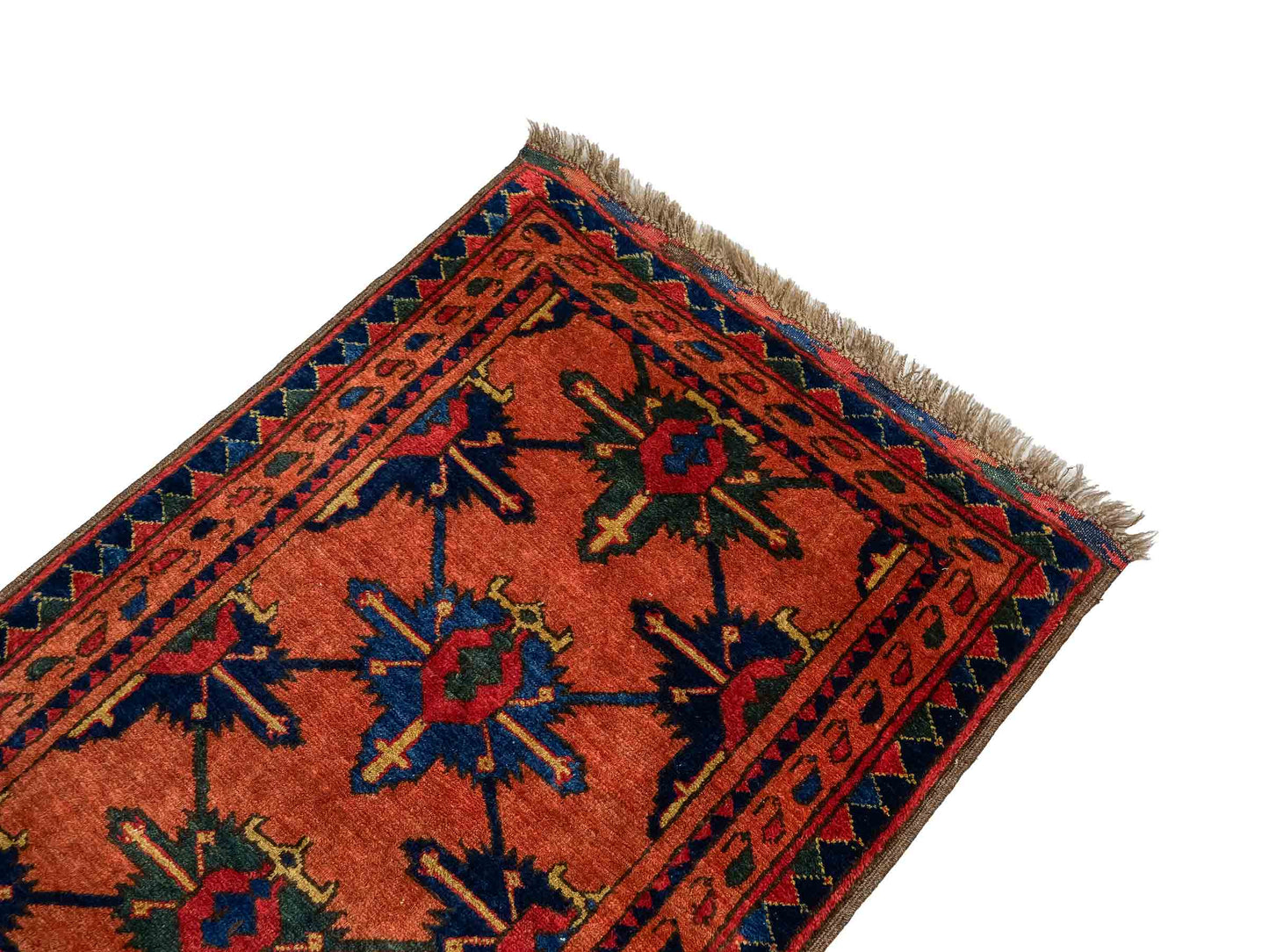 Antiker, handgeknüpfter, afghanischer Belutsch Nomadenteppich aus Wolle von Khademi. Größe: 91 x 65 cm. Farbe: Rot, orange, blau. Verkauf durch JUPITER Intl.