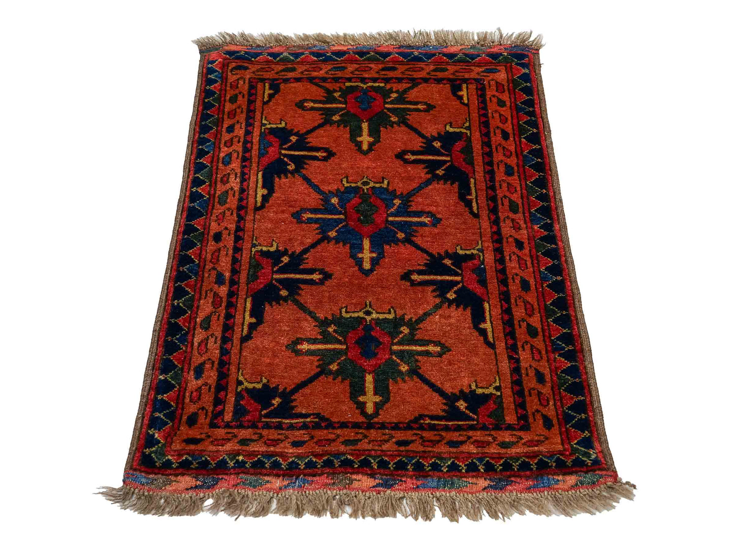 Antiker, handgeknüpfter, afghanischer Belutsch Nomadenteppich aus Wolle von Khademi. Größe: 91 x 65 cm. Farbe: Rot, orange, blau. Verkauf durch JUPITER Intl.