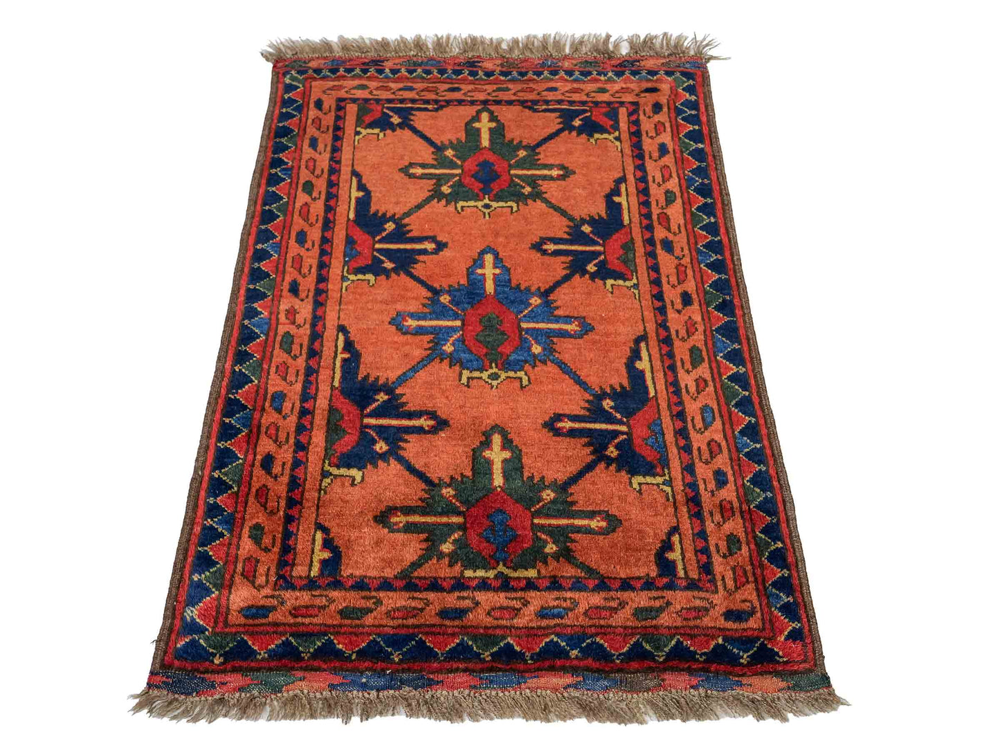 Antiker, handgeknüpfter, afghanischer Belutsch Nomadenteppich aus Wolle von Khademi. Größe: 91 x 65 cm. Farbe: Rot, orange, blau. Verkauf durch JUPITER Intl.