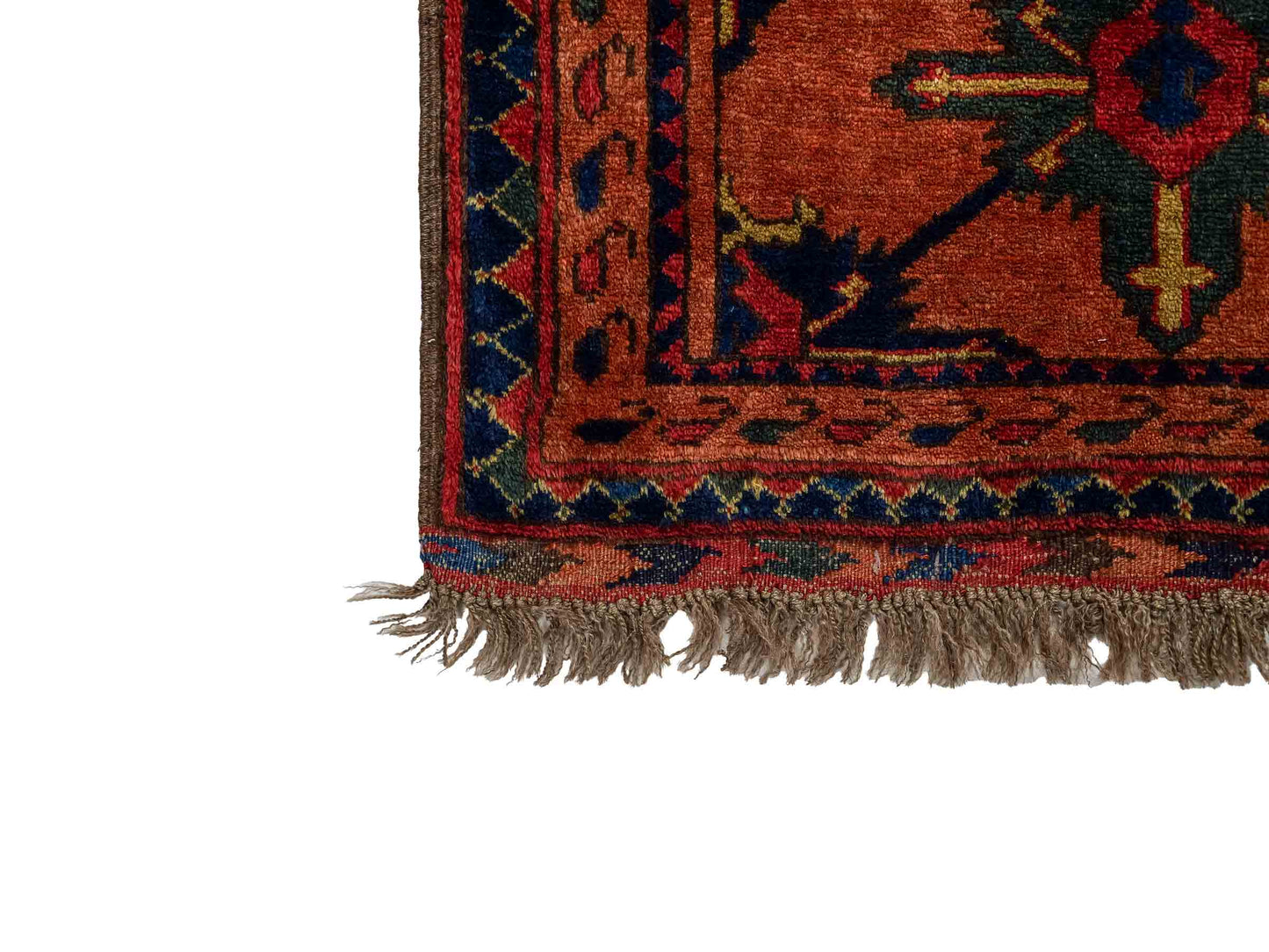 Antiker, handgeknüpfter, afghanischer Belutsch Nomadenteppich aus Wolle von Khademi. Größe: 91 x 65 cm. Farbe: Rot, orange, blau. Verkauf durch JUPITER Intl.