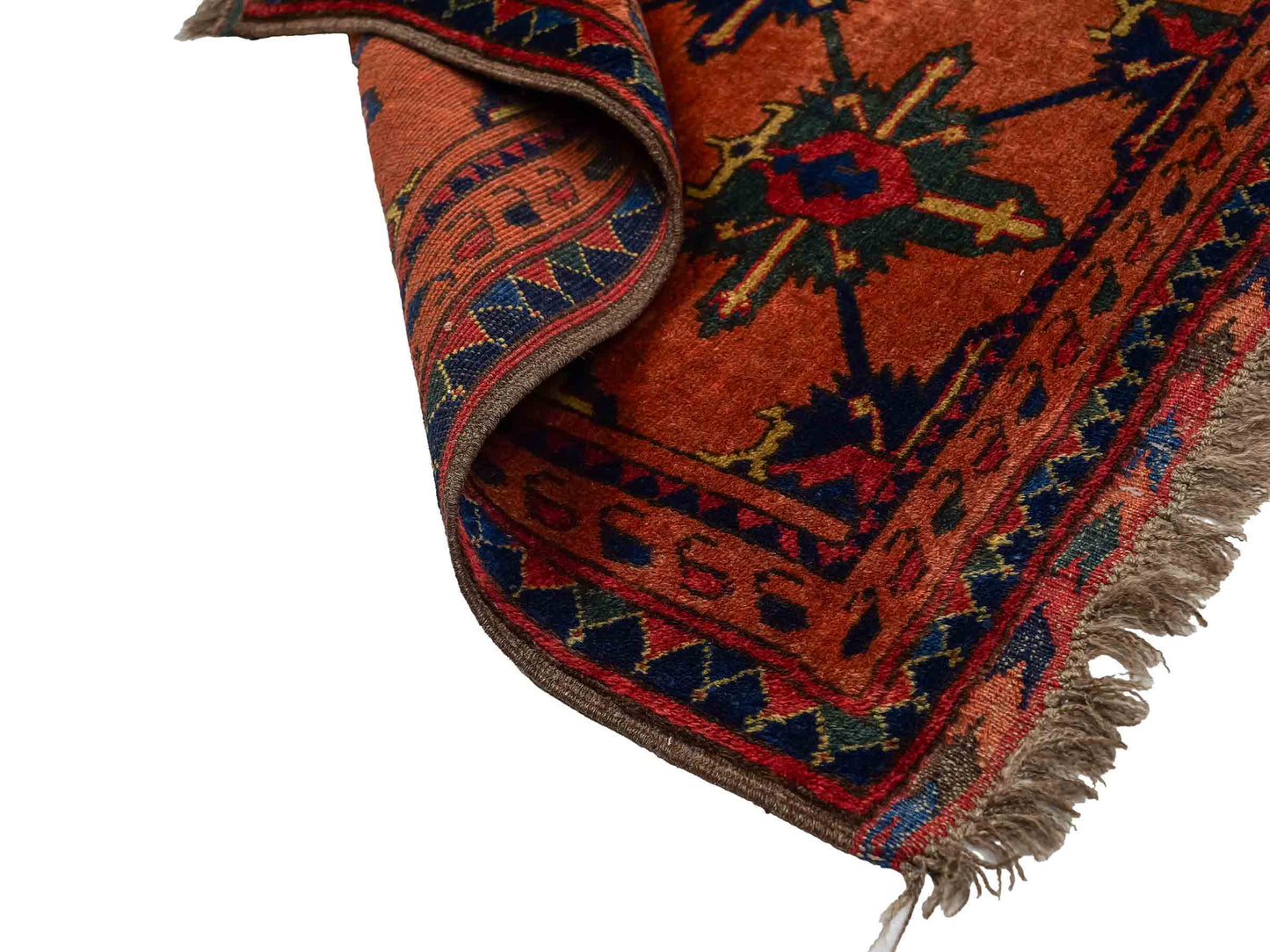 Antiker, handgeknüpfter, afghanischer Belutsch Nomadenteppich aus Wolle von Khademi. Größe: 91 x 65 cm. Farbe: Rot, orange, blau. Verkauf durch JUPITER Intl.