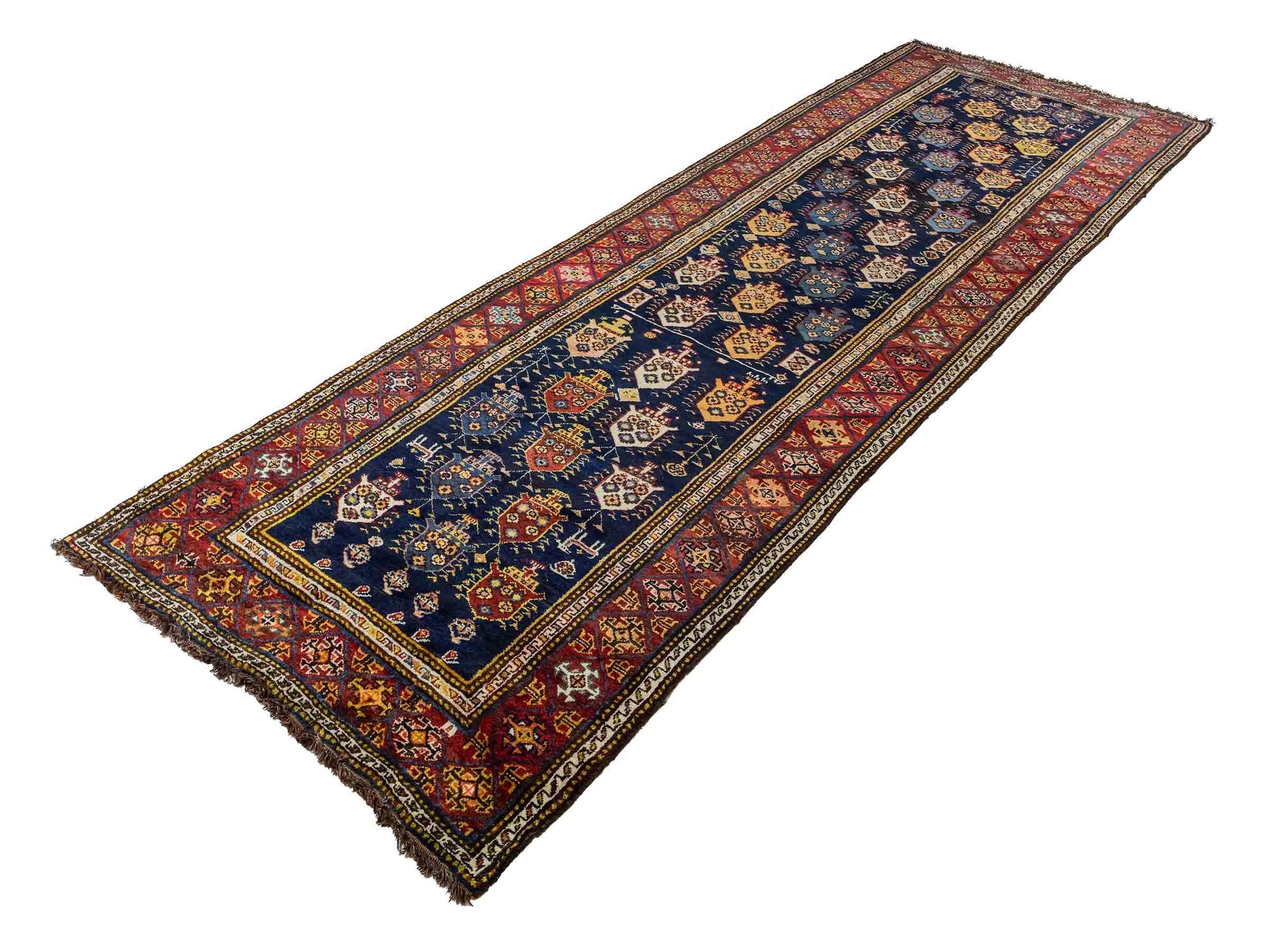 Sehr feiner, handgeknüpfter, antiker, persischer Ghashghai Nomadenteppich aus Wolle von Khademi. Farbe: Blau, rot, beige, cremeweiß. Größe: 346 x 115 cm. Form: Läufer. Vertrieb durch JUPITER Intl.