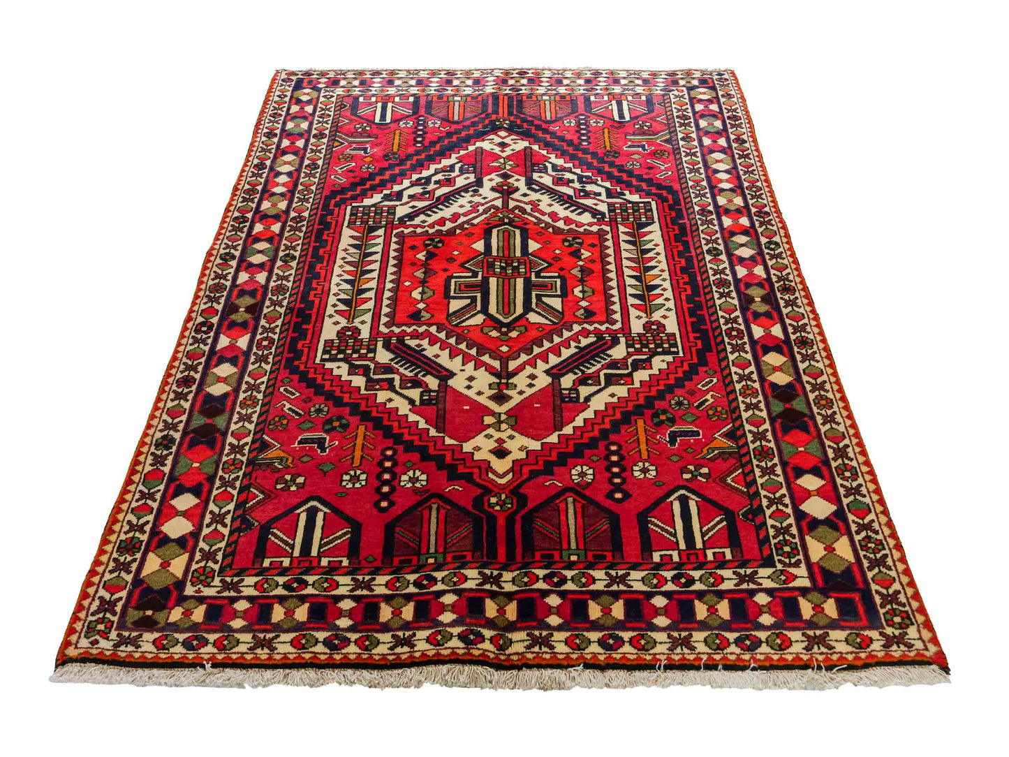 Feiner, handgeknüpfter, persischer Bakhitar Nomadenteppich aus Wolle von Khademi. Farbe: Rot, cremeweiß, blau. Größe: 210 x 149 cm. Vertrieb durch JUPITER Intl.