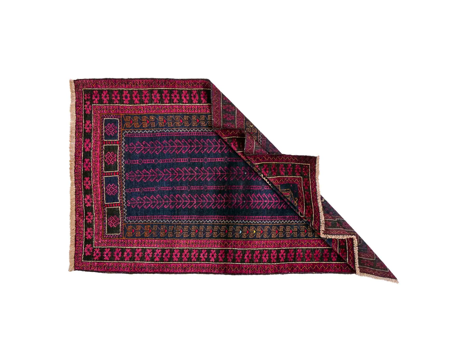 Handgeknüpfter, afghanischer Belutsch Nomadenteppich aus Wolle von Khademi. Größe: 152 x 94 cm. Farbe: Blau, rot, lila. Verkauf durch JUPITER Intl.