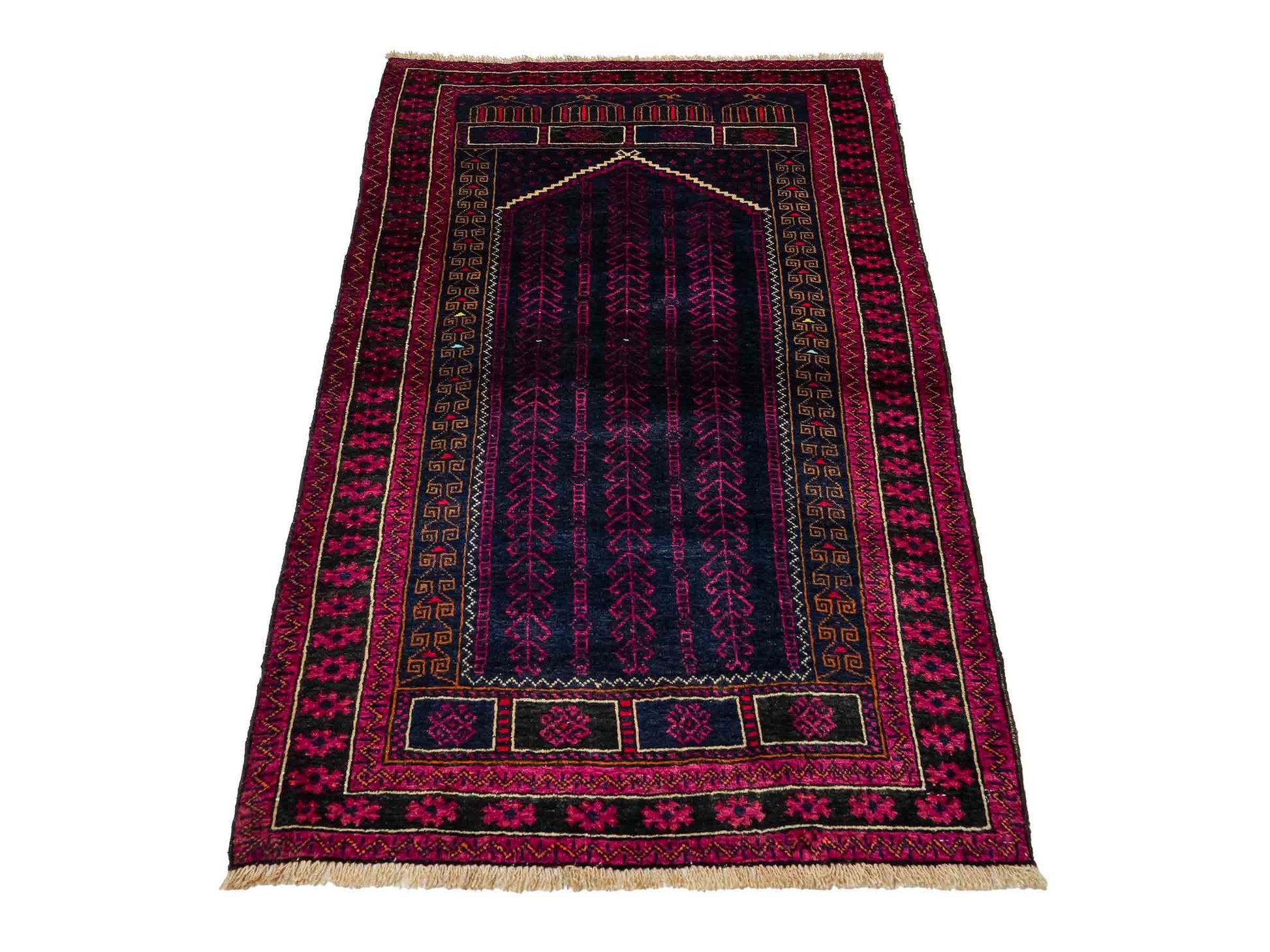 Handgeknüpfter, afghanischer Belutsch Nomadenteppich aus Wolle von Khademi. Größe: 152 x 94 cm. Farbe: Blau, rot, lila. Verkauf durch JUPITER Intl.