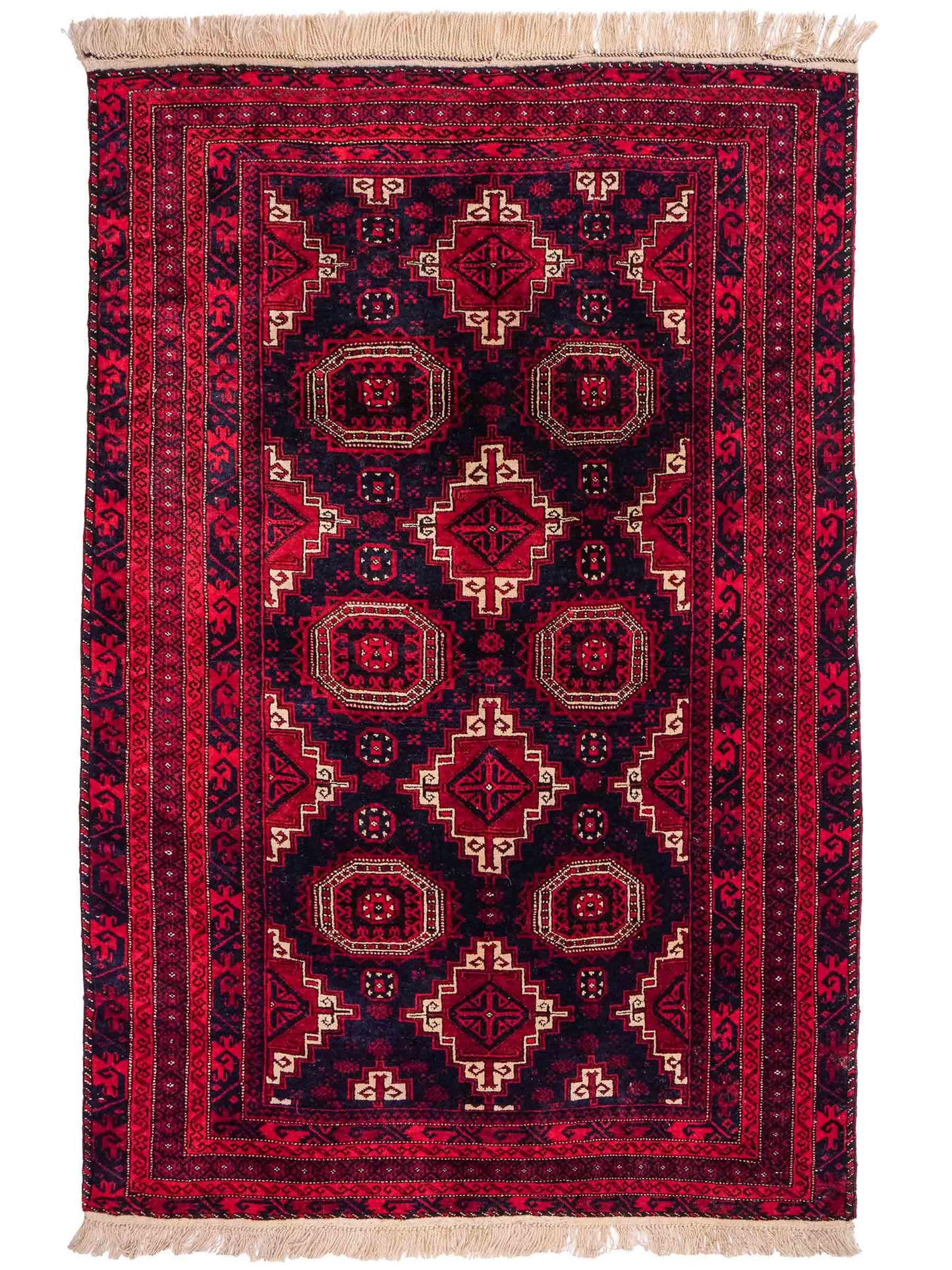 Handgeknüpfter, afghanischer Belutsch Nomadenteppich aus Wolle von Khademi. Größe: 173 x 117 cm. Farbe: Rot, blau. Verkauf durch JUPITER Intl.