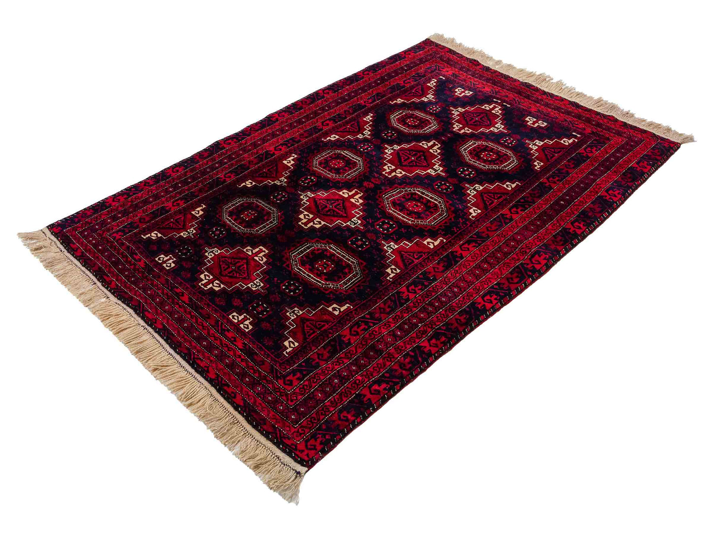 Handgeknüpfter, afghanischer Belutsch Nomadenteppich aus Wolle von Khademi. Größe: 173 x 117 cm. Farbe: Rot, blau. Verkauf durch JUPITER Intl.