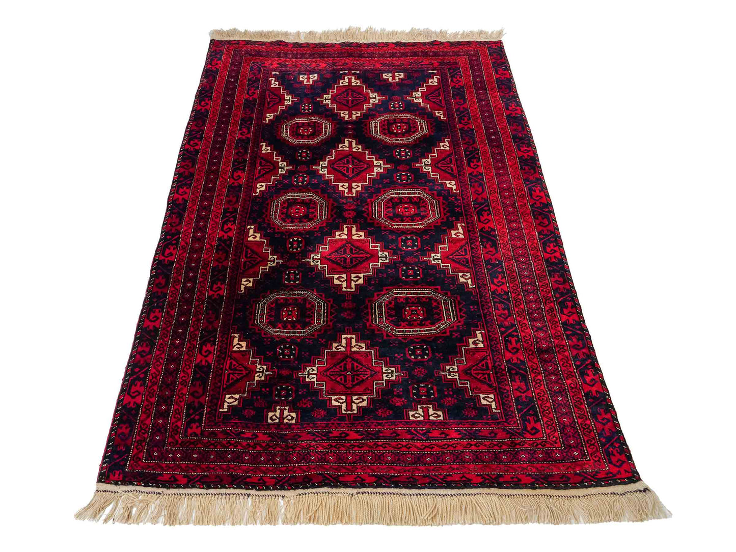 Handgeknüpfter, afghanischer Belutsch Nomadenteppich aus Wolle von Khademi. Größe: 173 x 117 cm. Farbe: Rot, blau. Verkauf durch JUPITER Intl.