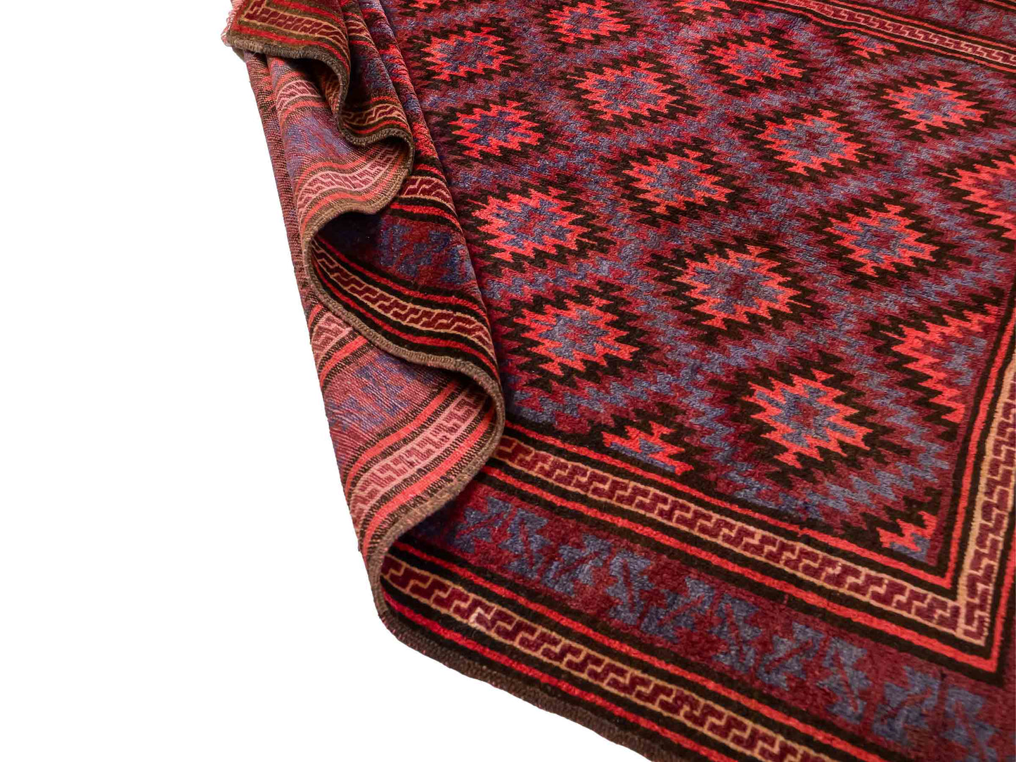 Handgeknüpfter, afghanischer Belutsch Nomadenteppich aus Wolle von Khademi. Größe: 180 x 121 cm. Farbe: Rot, blau. Verkauf durch JUPITER Intl.