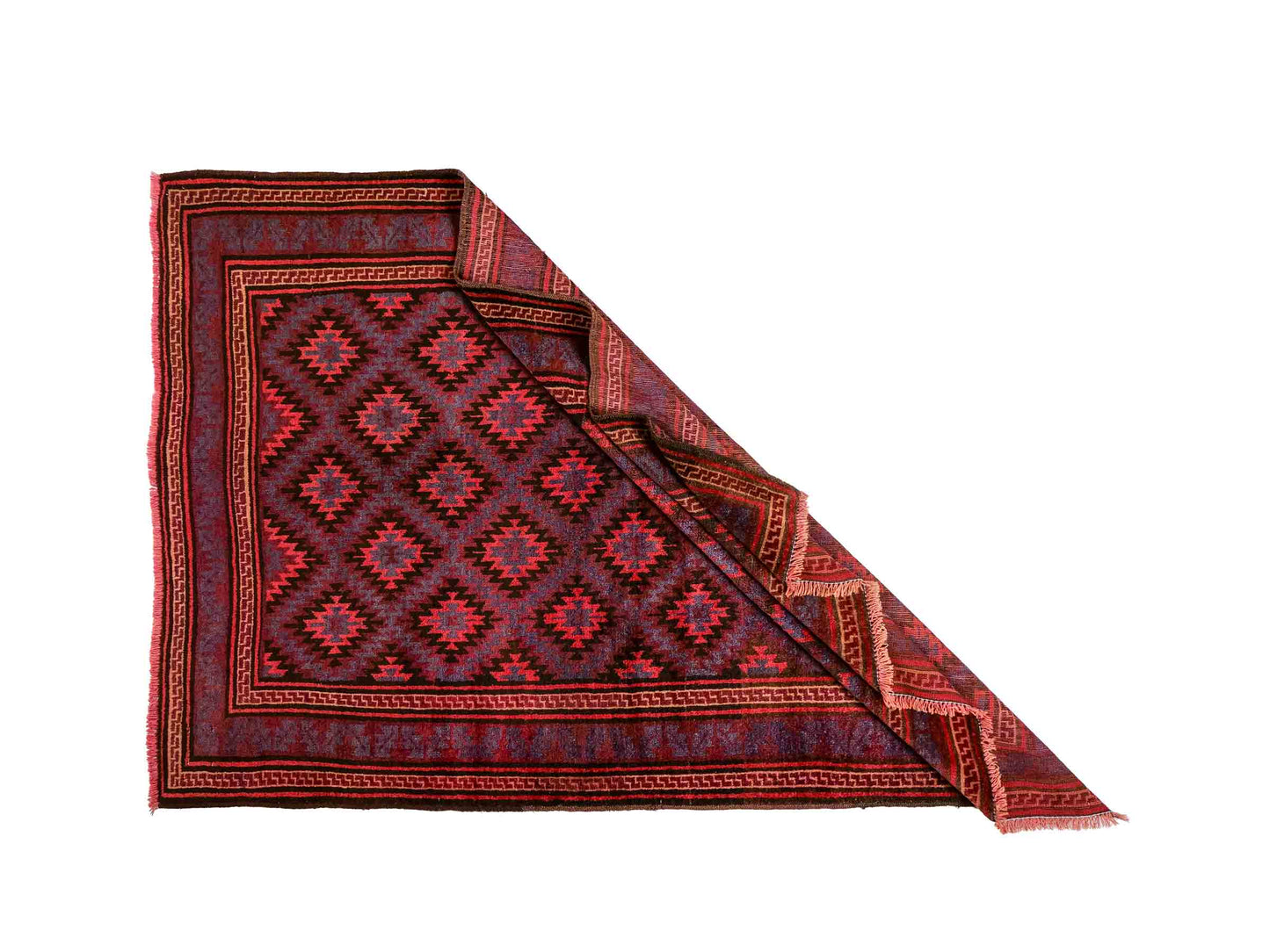 Handgeknüpfter, afghanischer Belutsch Nomadenteppich aus Wolle von Khademi. Größe: 180 x 121 cm. Farbe: Rot, blau. Verkauf durch JUPITER Intl.