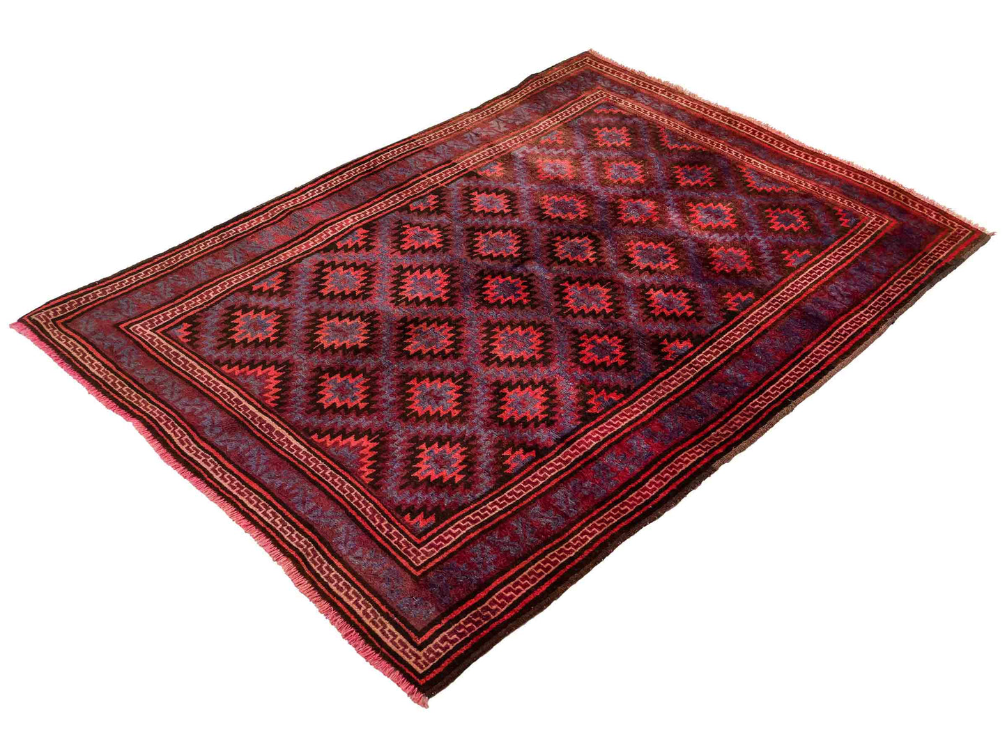 Handgeknüpfter, afghanischer Belutsch Nomadenteppich aus Wolle von Khademi. Größe: 180 x 121 cm. Farbe: Rot, blau. Verkauf durch JUPITER Intl.