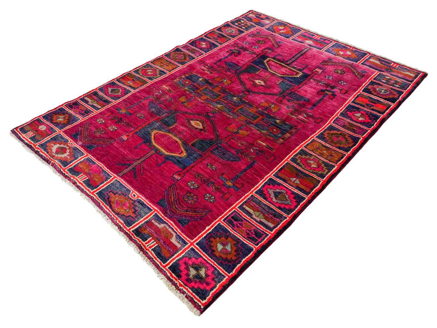Feiner, handgeknüpfter, persischer Lori Nomadenteppich aus Wolle von Khademi. Farbe: Rot, blau. Größe: 220 x 169 cm. Vertrieb durch JUPITER Intl.