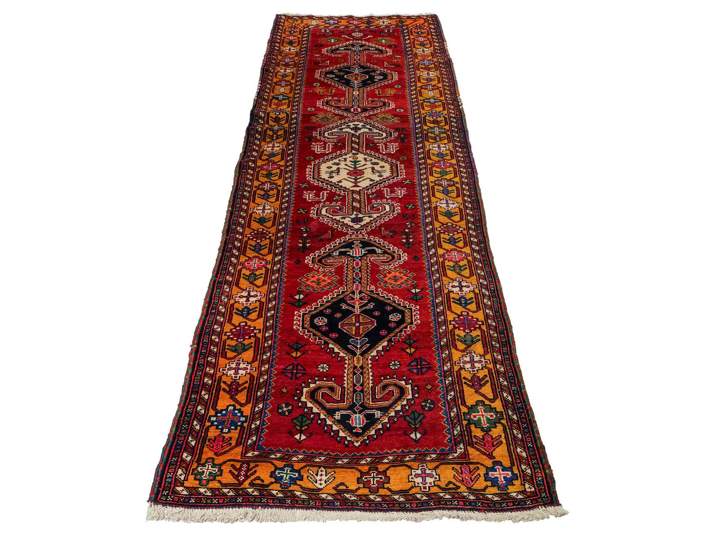 Feiner, handgeknüpfter, persischer Shiraz Nomadenteppich aus Wolle von Khademi. Farbe: Rot, beige, blau. Größe: 318 x 103 cm. Vertrieb durch JUPITER Intl.