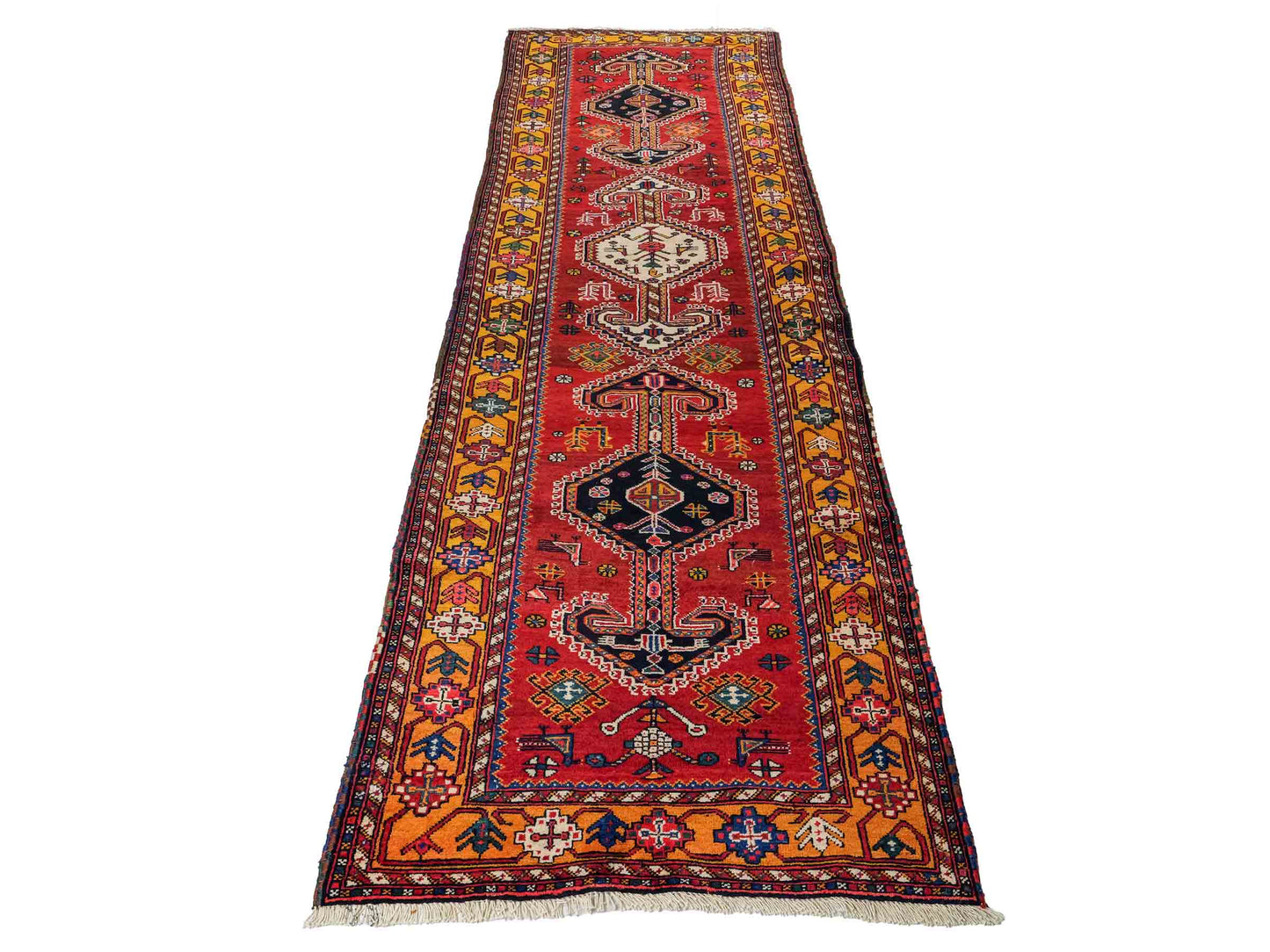 Feiner, handgeknüpfter, persischer Shiraz Nomadenteppich aus Wolle von Khademi. Farbe: Rot, beige, blau. Größe: 318 x 103 cm. Vertrieb durch JUPITER Intl.