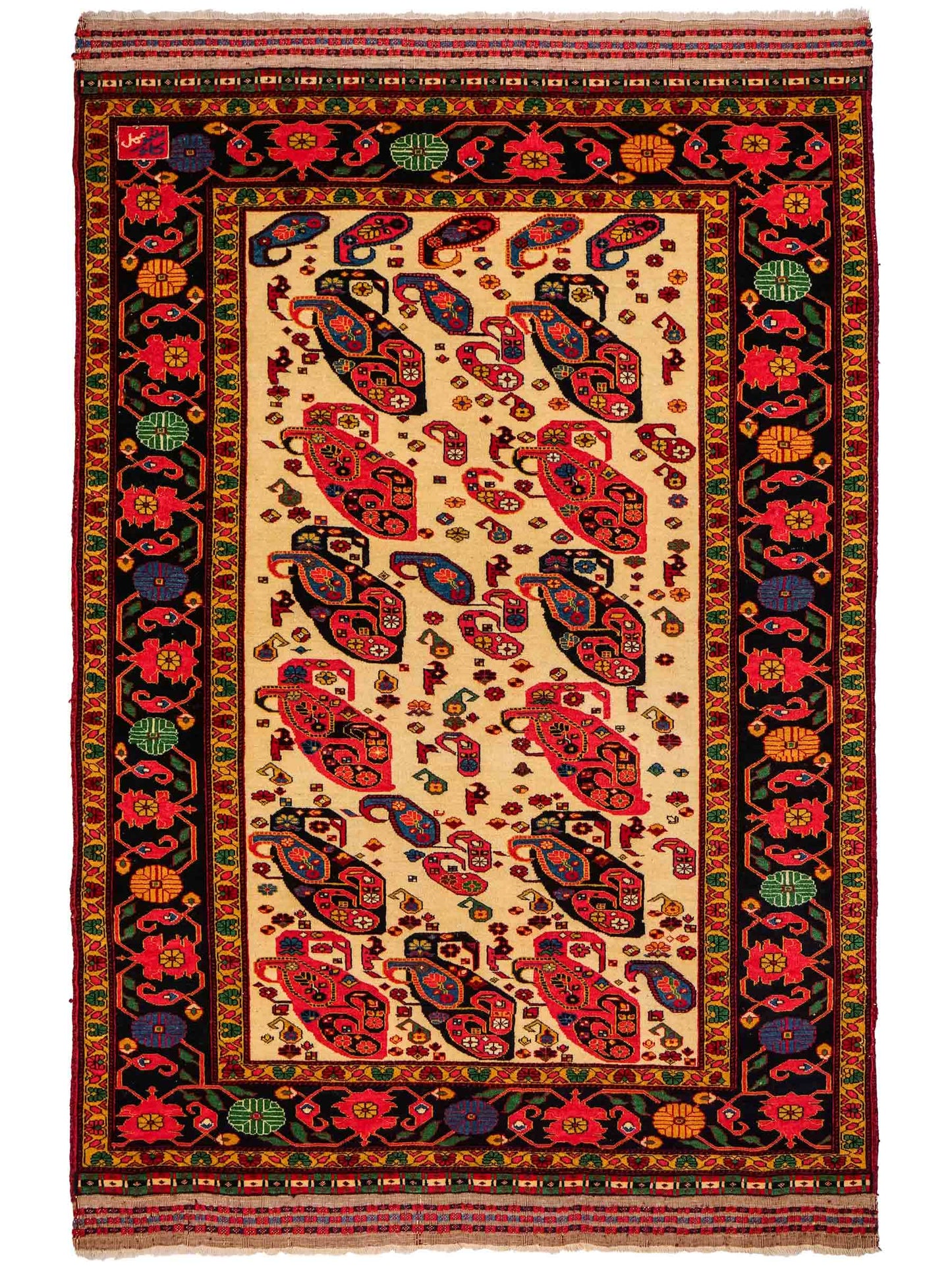Feiner, handgeknüpfter, antiker Afghan Wollteppich von Khademi. Größe: 168 x 123 cm. Farbe: Cremeweiß, beige, blau, rot. Verkauf durch JUPITER Intl.