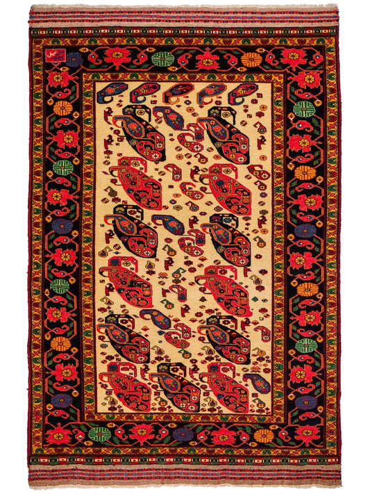 Feiner, handgeknüpfter, antiker Afghan Wollteppich von Khademi. Größe: 168 x 123 cm. Farbe: Cremeweiß, beige, blau, rot. Verkauf durch JUPITER Intl.