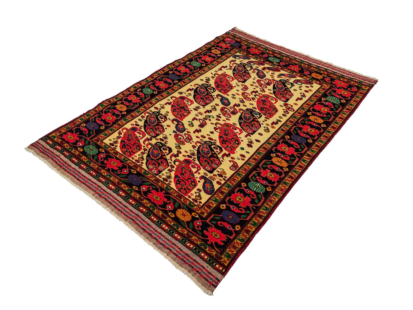 Feiner, handgeknüpfter, antiker Afghan Wollteppich von Khademi. Größe: 168 x 123 cm. Farbe: Cremeweiß, beige, blau, rot. Verkauf durch JUPITER Intl.