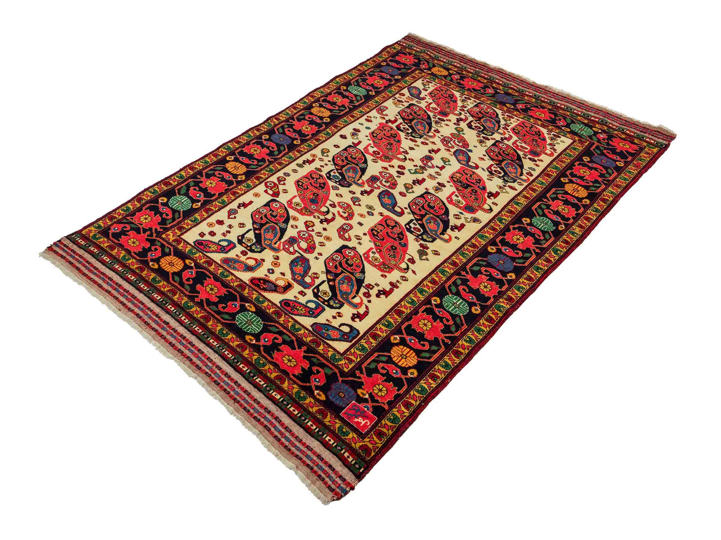 Feiner, handgeknüpfter, antiker Afghan Wollteppich von Khademi. Größe: 168 x 123 cm. Farbe: Cremeweiß, beige, blau, rot. Verkauf durch JUPITER Intl.