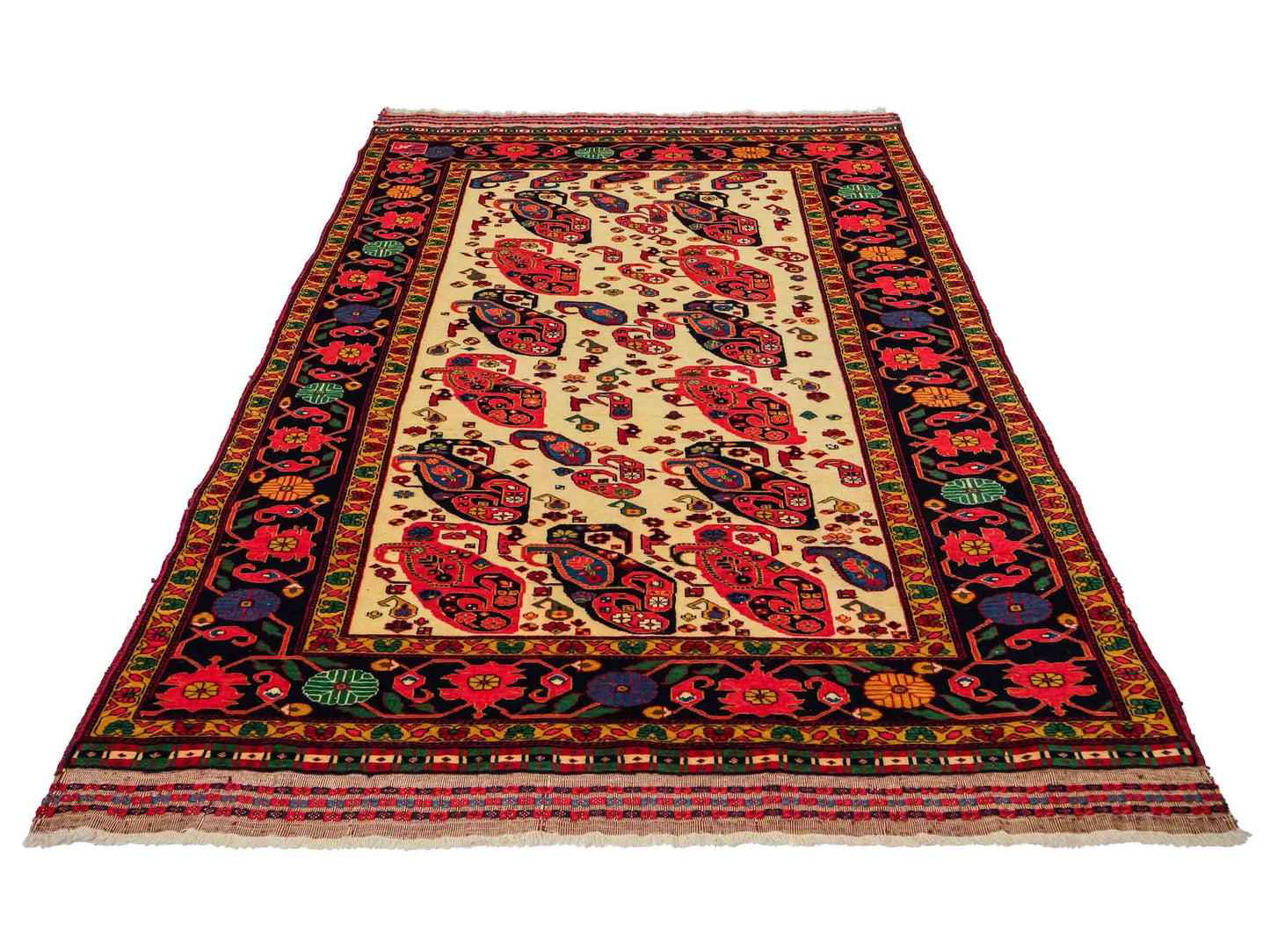 Feiner, handgeknüpfter, antiker Afghan Wollteppich von Khademi. Größe: 168 x 123 cm. Farbe: Cremeweiß, beige, blau, rot. Verkauf durch JUPITER Intl.