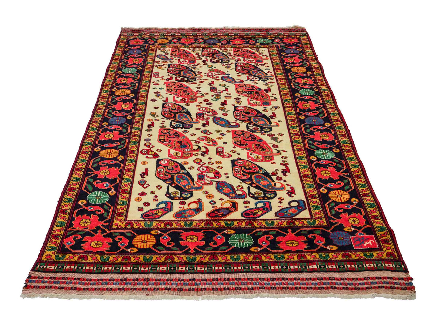 Feiner, handgeknüpfter, antiker Afghan Wollteppich von Khademi. Größe: 168 x 123 cm. Farbe: Cremeweiß, beige, blau, rot. Verkauf durch JUPITER Intl.