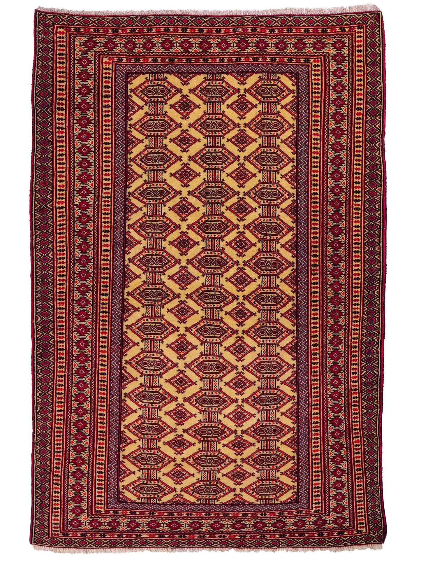 Feiner, handgeknüpfter Afghan Mauri Wollteppich von Khademi. Größe: 164 x 121 cm. Farbe: Cremeweiß, blau, rot. Verkauf durch JUPITER Intl.