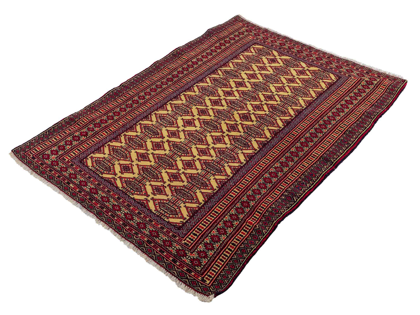 Feiner, handgeknüpfter Afghan Mauri Wollteppich von Khademi. Größe: 164 x 121 cm. Farbe: Cremeweiß, blau, rot. Verkauf durch JUPITER Intl.