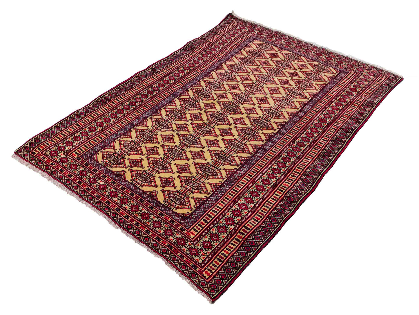 Feiner, handgeknüpfter Afghan Mauri Wollteppich von Khademi. Größe: 164 x 121 cm. Farbe: Cremeweiß, blau, rot. Verkauf durch JUPITER Intl.