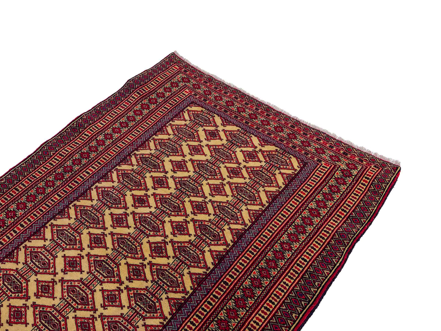 Feiner, handgeknüpfter Afghan Mauri Wollteppich von Khademi. Größe: 164 x 121 cm. Farbe: Cremeweiß, blau, rot. Verkauf durch JUPITER Intl.
