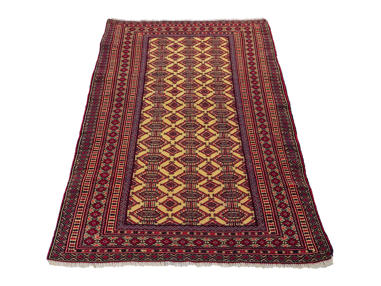 Feiner, handgeknüpfter Afghan Mauri Wollteppich von Khademi. Größe: 164 x 121 cm. Farbe: Cremeweiß, blau, rot. Verkauf durch JUPITER Intl.
