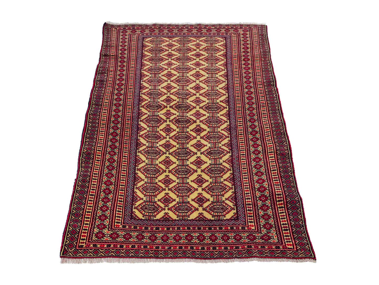 Feiner, handgeknüpfter Afghan Mauri Wollteppich von Khademi. Größe: 164 x 121 cm. Farbe: Cremeweiß, blau, rot. Verkauf durch JUPITER Intl.