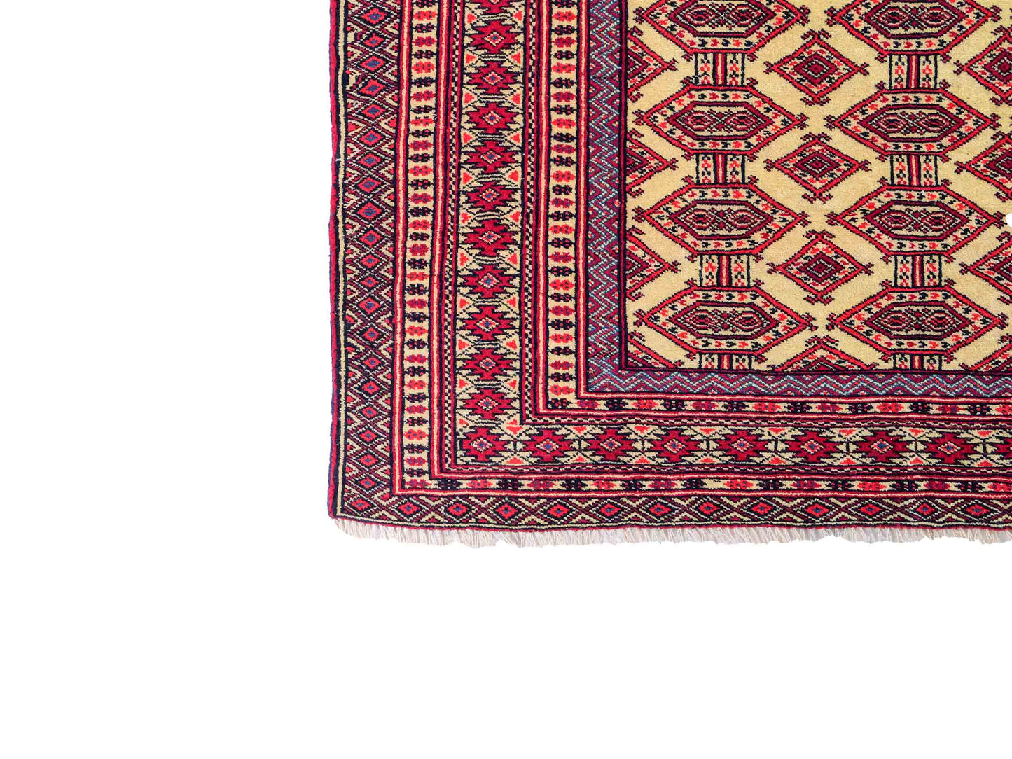 Feiner, handgeknüpfter Afghan Mauri Wollteppich von Khademi. Größe: 164 x 121 cm. Farbe: Cremeweiß, blau, rot. Verkauf durch JUPITER Intl.