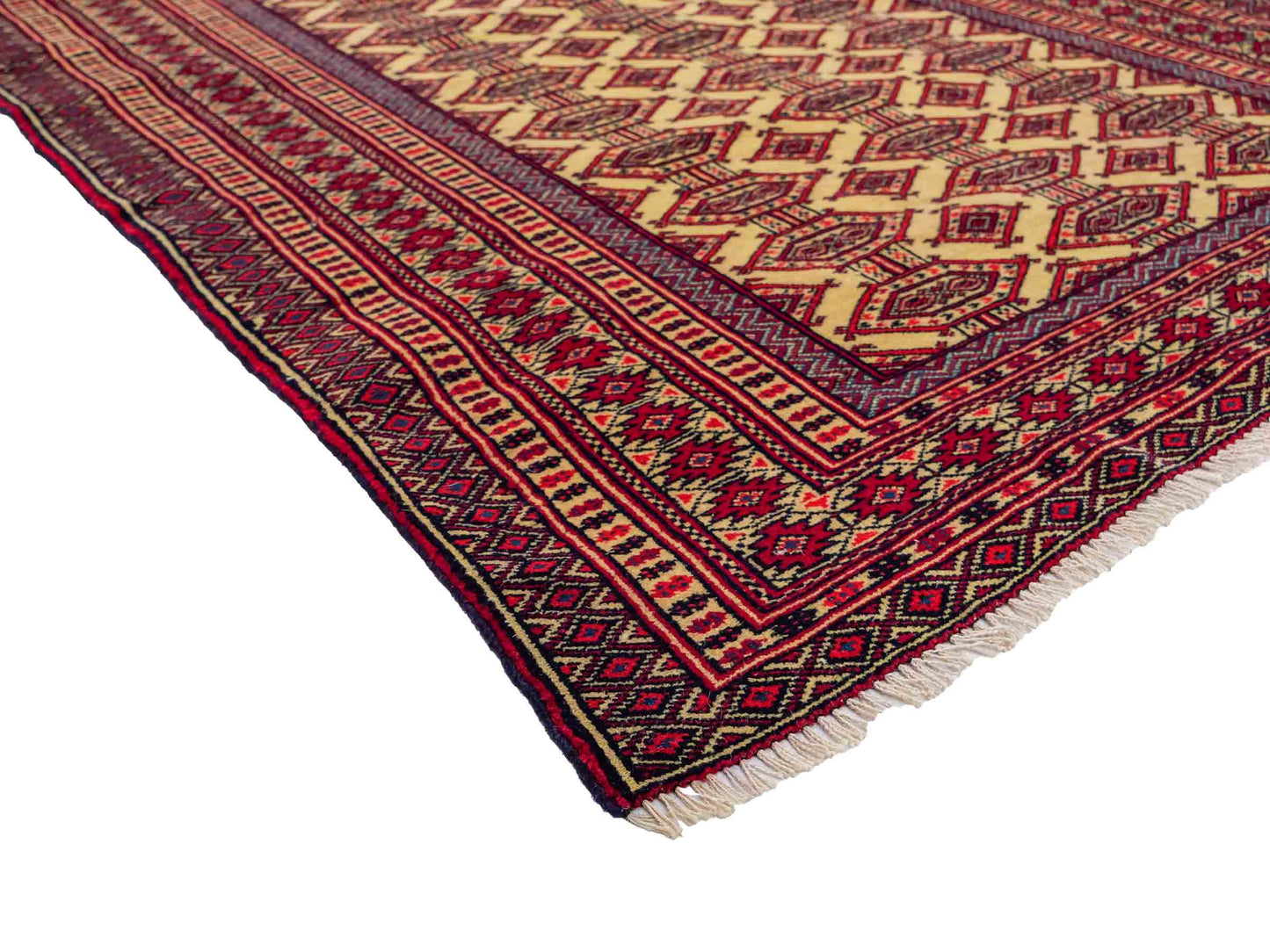 Feiner, handgeknüpfter Afghan Mauri Wollteppich von Khademi. Größe: 164 x 121 cm. Farbe: Cremeweiß, blau, rot. Verkauf durch JUPITER Intl.