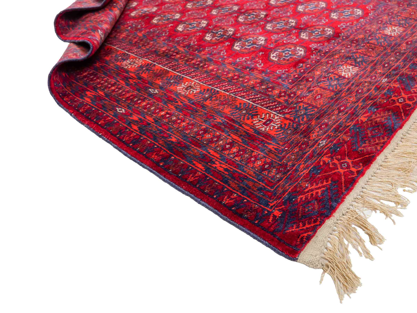 Feiner, handgeknüpfter Afghan Mauri Wollteppich mit Seidenkette von Khademi. Größe: 169 x 113 cm. Farbe: Rot, blau. Verkauf durch JUPITER Intl.