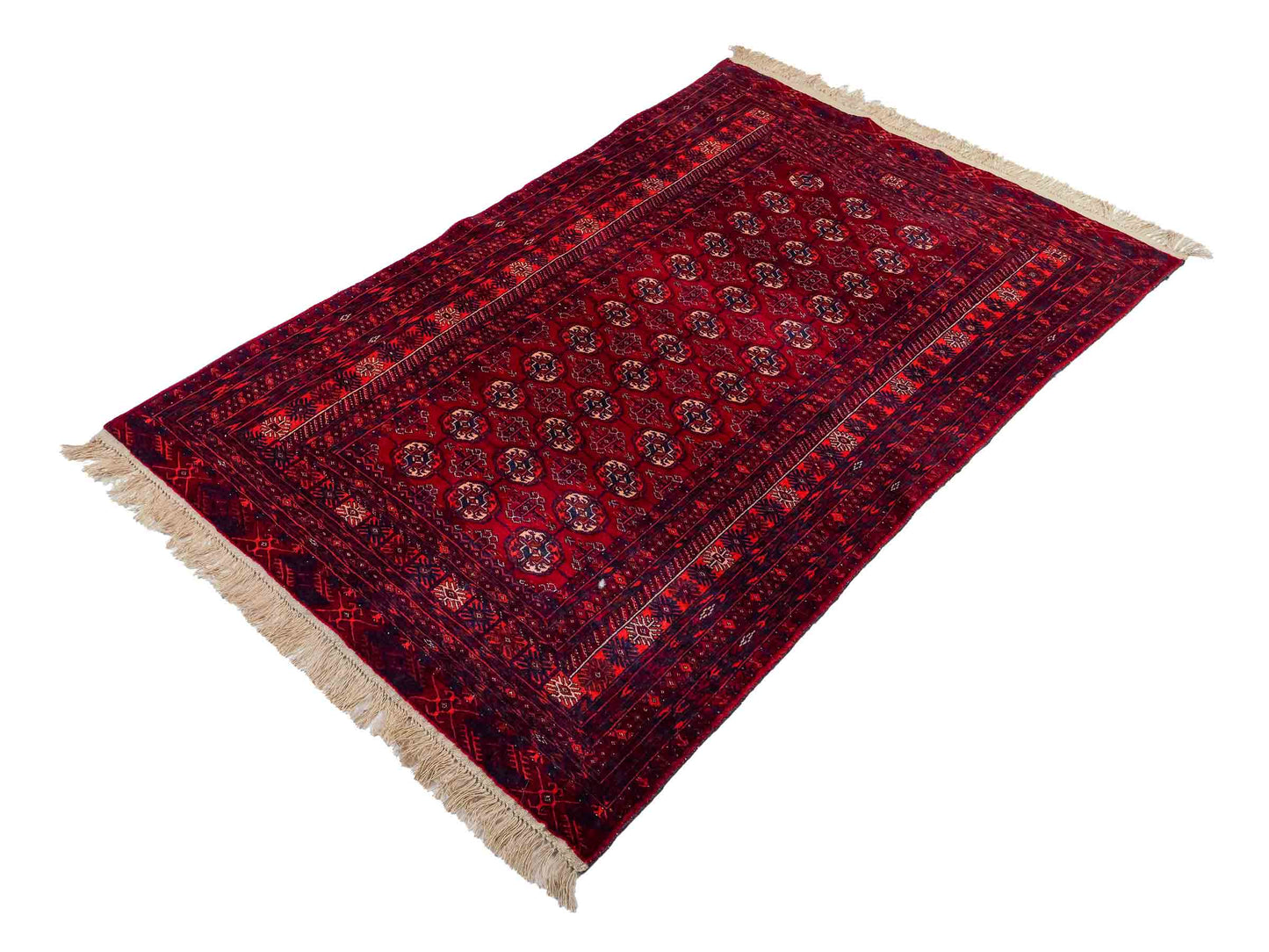 Feiner, handgeknüpfter Afghan Mauri Wollteppich mit Seidenkette von Khademi. Größe: 169 x 113 cm. Farbe: Rot, blau. Verkauf durch JUPITER Intl.