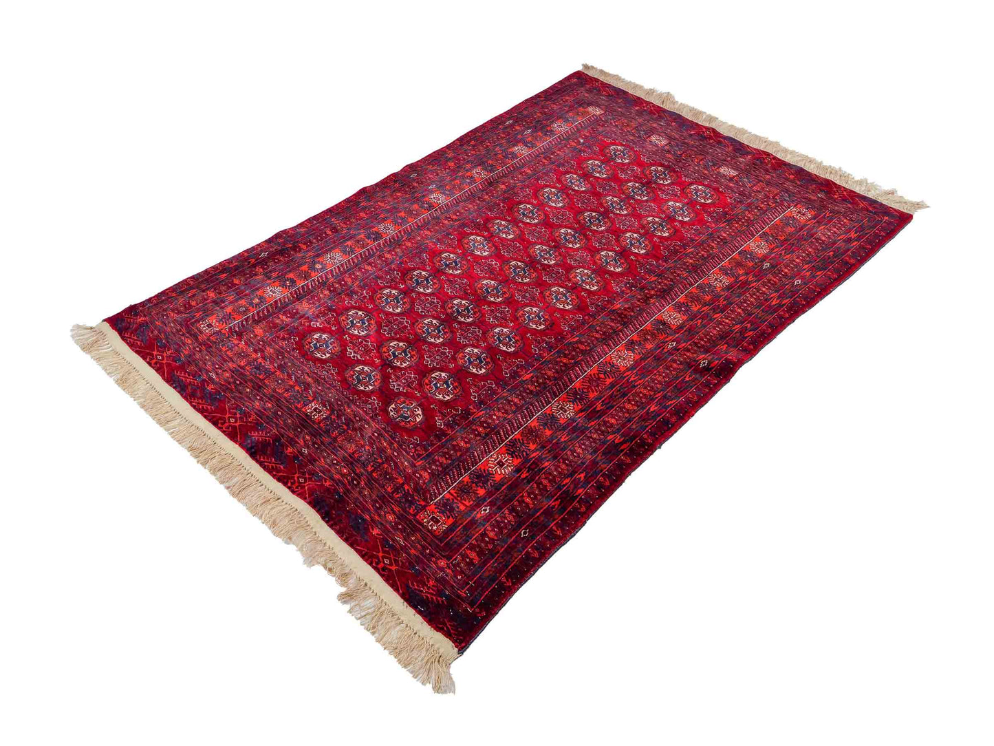 Feiner, handgeknüpfter Afghan Mauri Wollteppich mit Seidenkette von Khademi. Größe: 169 x 113 cm. Farbe: Rot, blau. Verkauf durch JUPITER Intl.