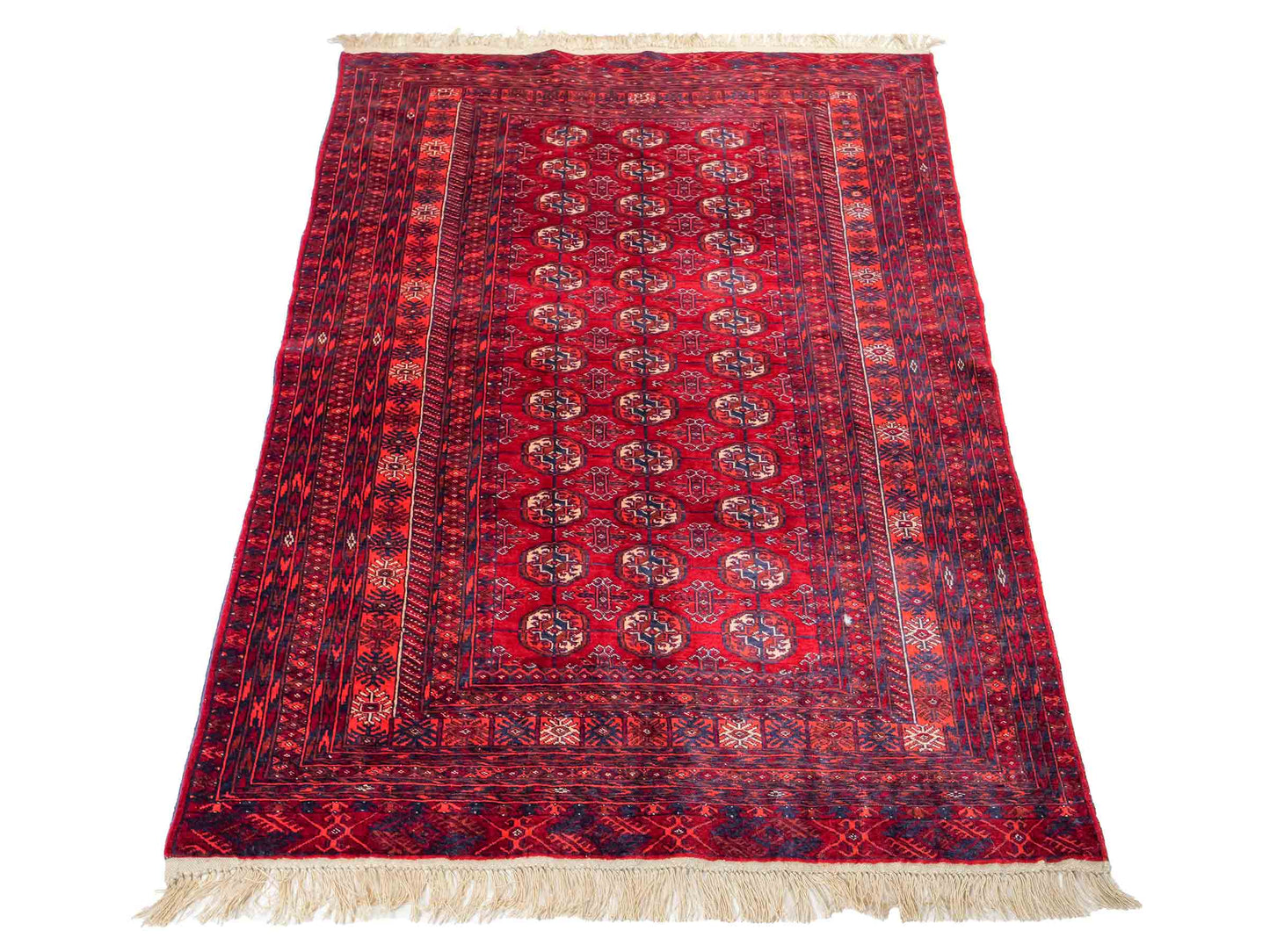 Feiner, handgeknüpfter Afghan Mauri Wollteppich mit Seidenkette von Khademi. Größe: 169 x 113 cm. Farbe: Rot, blau. Verkauf durch JUPITER Intl.