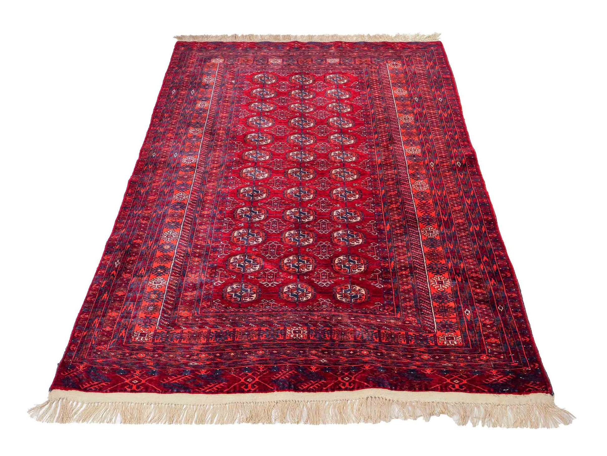 Feiner, handgeknüpfter Afghan Mauri Wollteppich mit Seidenkette von Khademi. Größe: 169 x 113 cm. Farbe: Rot, blau. Verkauf durch JUPITER Intl.