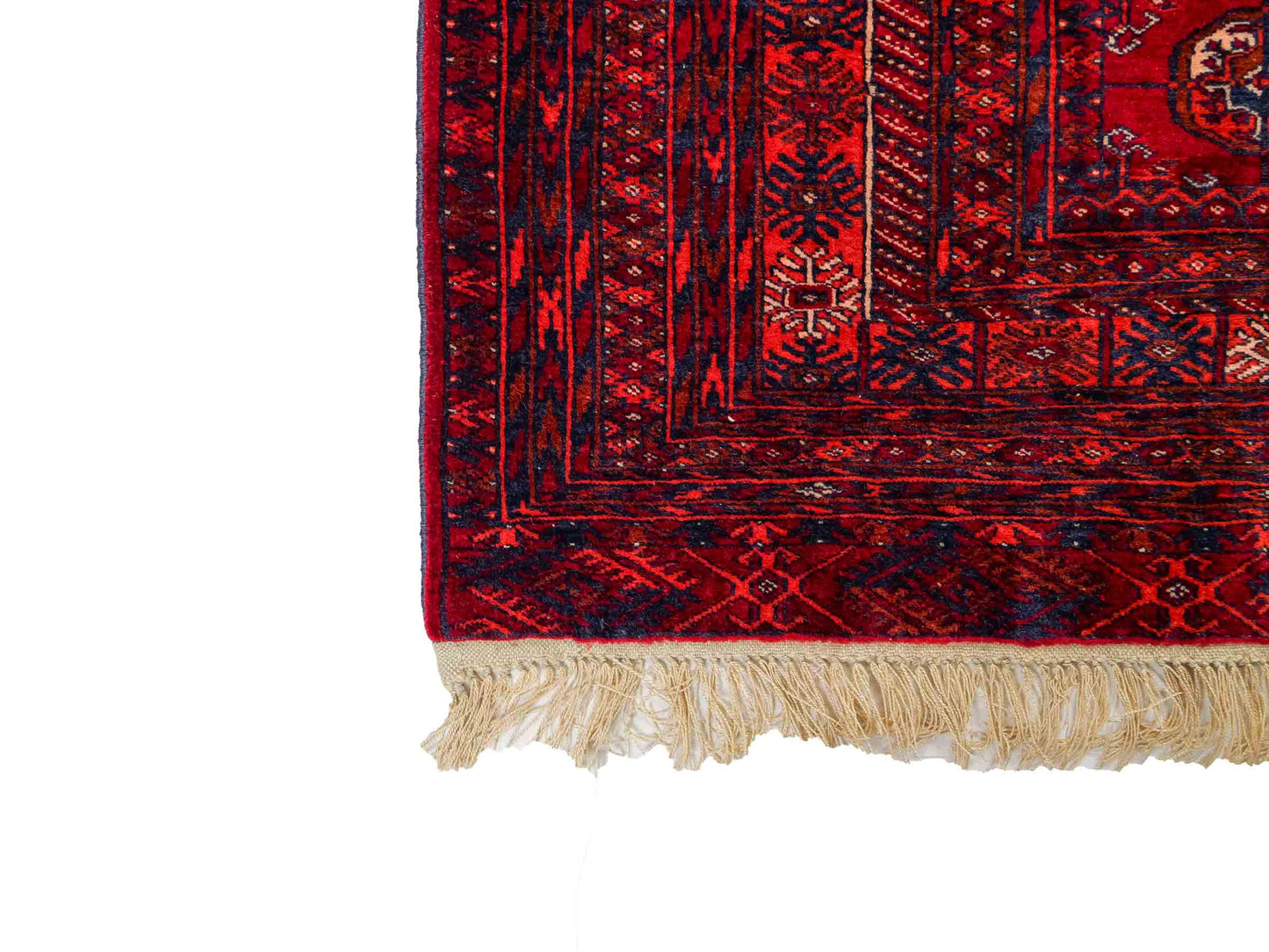 Feiner, handgeknüpfter Afghan Mauri Wollteppich mit Seidenkette von Khademi. Größe: 169 x 113 cm. Farbe: Rot, blau. Verkauf durch JUPITER Intl.