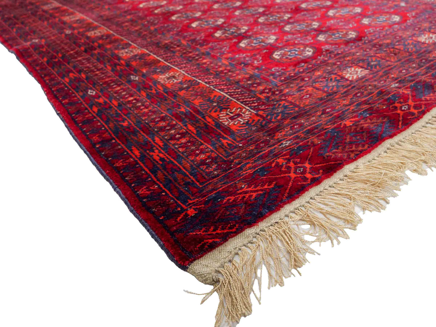 Feiner, handgeknüpfter Afghan Mauri Wollteppich mit Seidenkette von Khademi. Größe: 169 x 113 cm. Farbe: Rot, blau. Verkauf durch JUPITER Intl.
