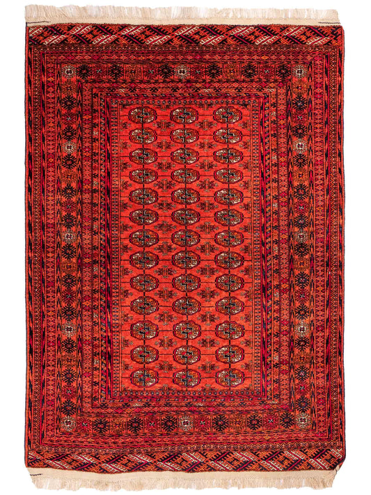 Feiner, handgeknüpfter Afghan Mauri Wollteppich von Khademi. Größe: 174 x 126 cm. Farbe: Orange, blau. Verkauf durch JUPITER Intl.