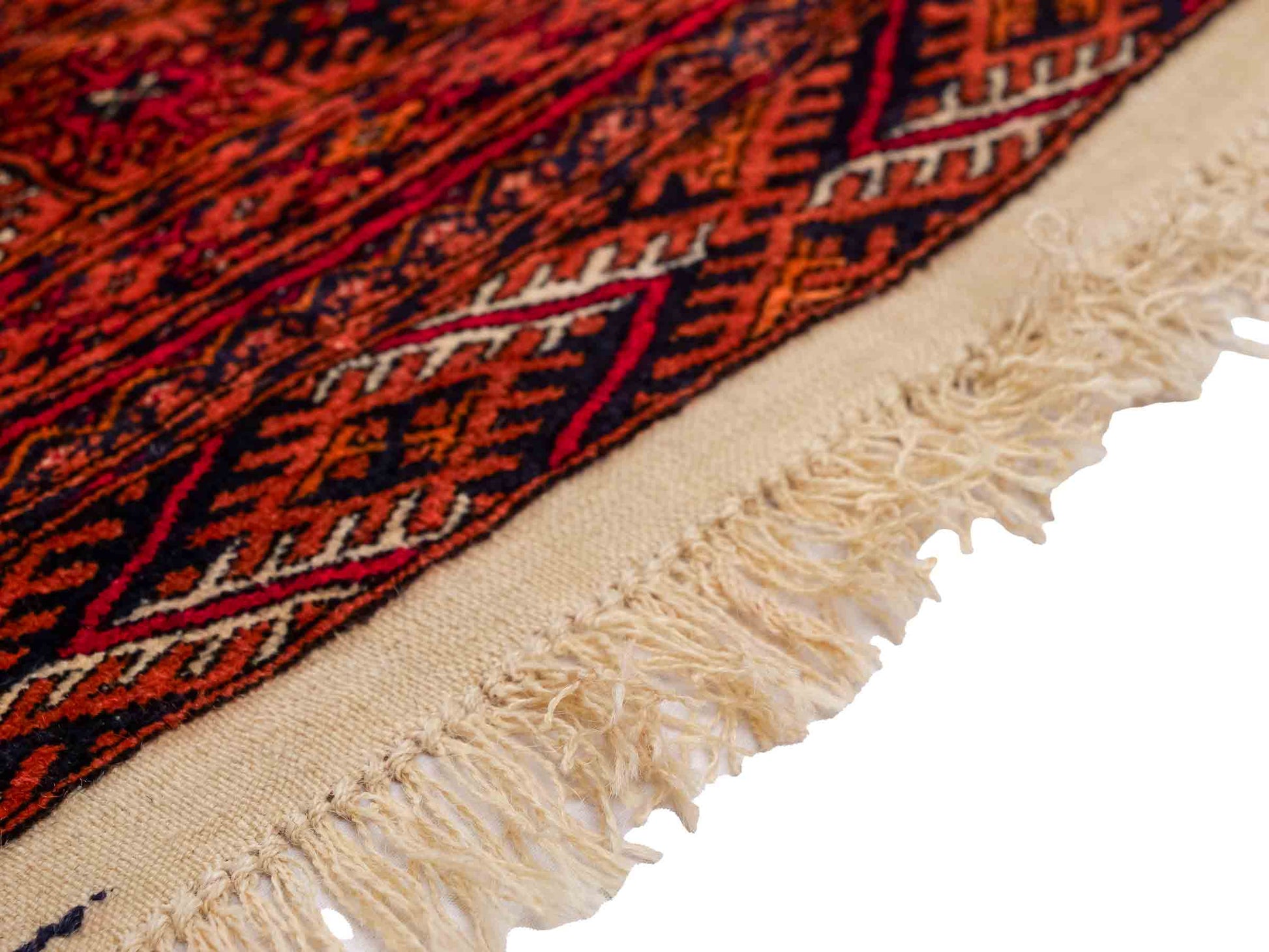 Feiner, handgeknüpfter Afghan Mauri Wollteppich von Khademi. Größe: 174 x 126 cm. Farbe: Orange, blau. Verkauf durch JUPITER Intl.