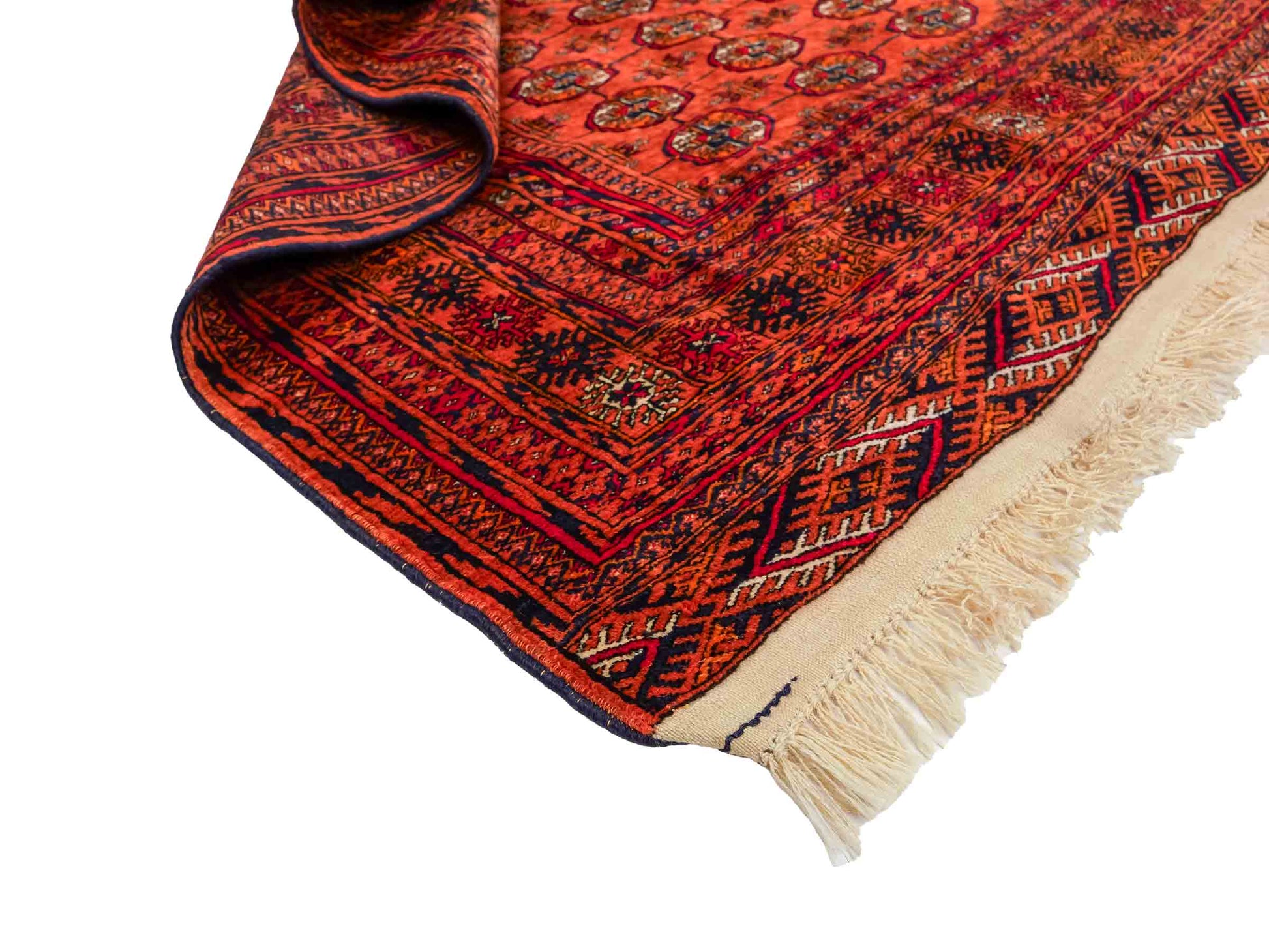 Feiner, handgeknüpfter Afghan Mauri Wollteppich von Khademi. Größe: 174 x 126 cm. Farbe: Orange, blau. Verkauf durch JUPITER Intl.