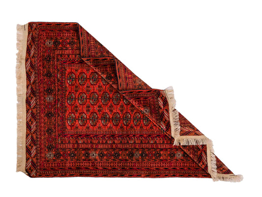 Feiner, handgeknüpfter Afghan Mauri Wollteppich von Khademi. Größe: 174 x 126 cm. Farbe: Orange, blau. Verkauf durch JUPITER Intl.