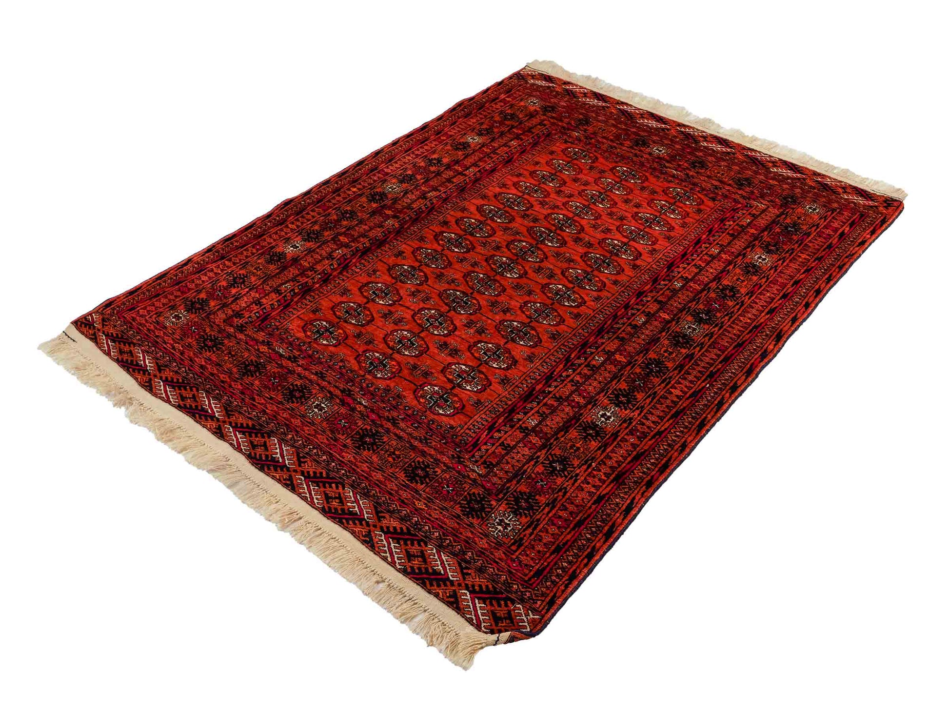 Feiner, handgeknüpfter Afghan Mauri Wollteppich von Khademi. Größe: 174 x 126 cm. Farbe: Orange, blau. Verkauf durch JUPITER Intl.
