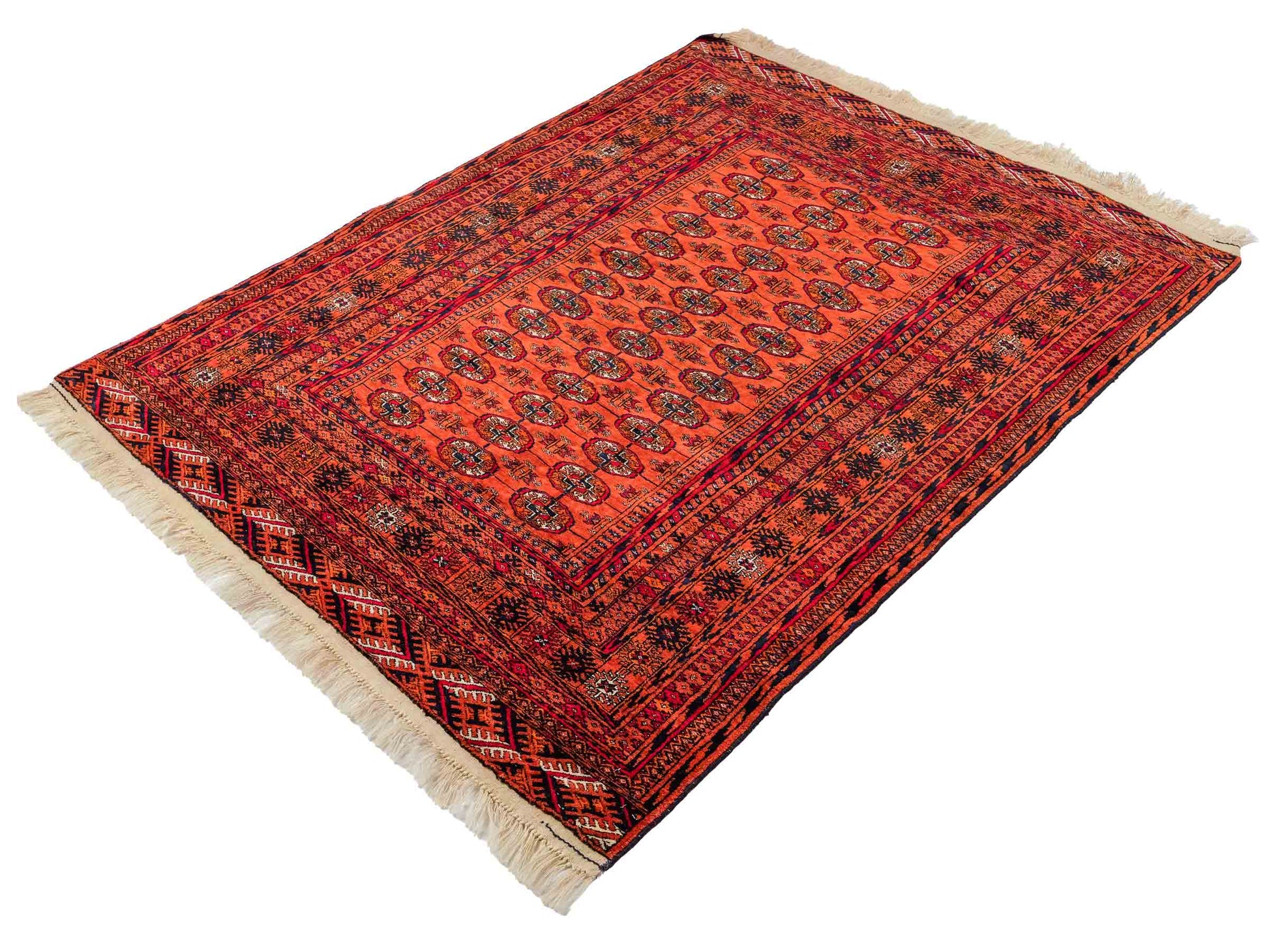 Feiner, handgeknüpfter Afghan Mauri Wollteppich von Khademi. Größe: 174 x 126 cm. Farbe: Orange, blau. Verkauf durch JUPITER Intl.